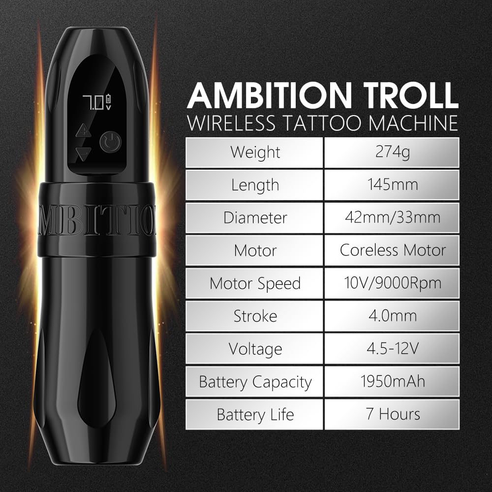 Ambition Troll Wireless Tattoo Pen Machine - Professional Rotary Tattoo Gun with 1950mAh Battery, LCD Display & Coreless Motor | Perfect for Tattoo Artists, Beginners & Studio Use