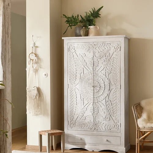 Hand Carved Solid Wooden Indian Armoire in White | Traditional Indian Furniture for Bedroom & Living Room Storage | Vintage Home Decor Wardrobe for Clothes & Blankets