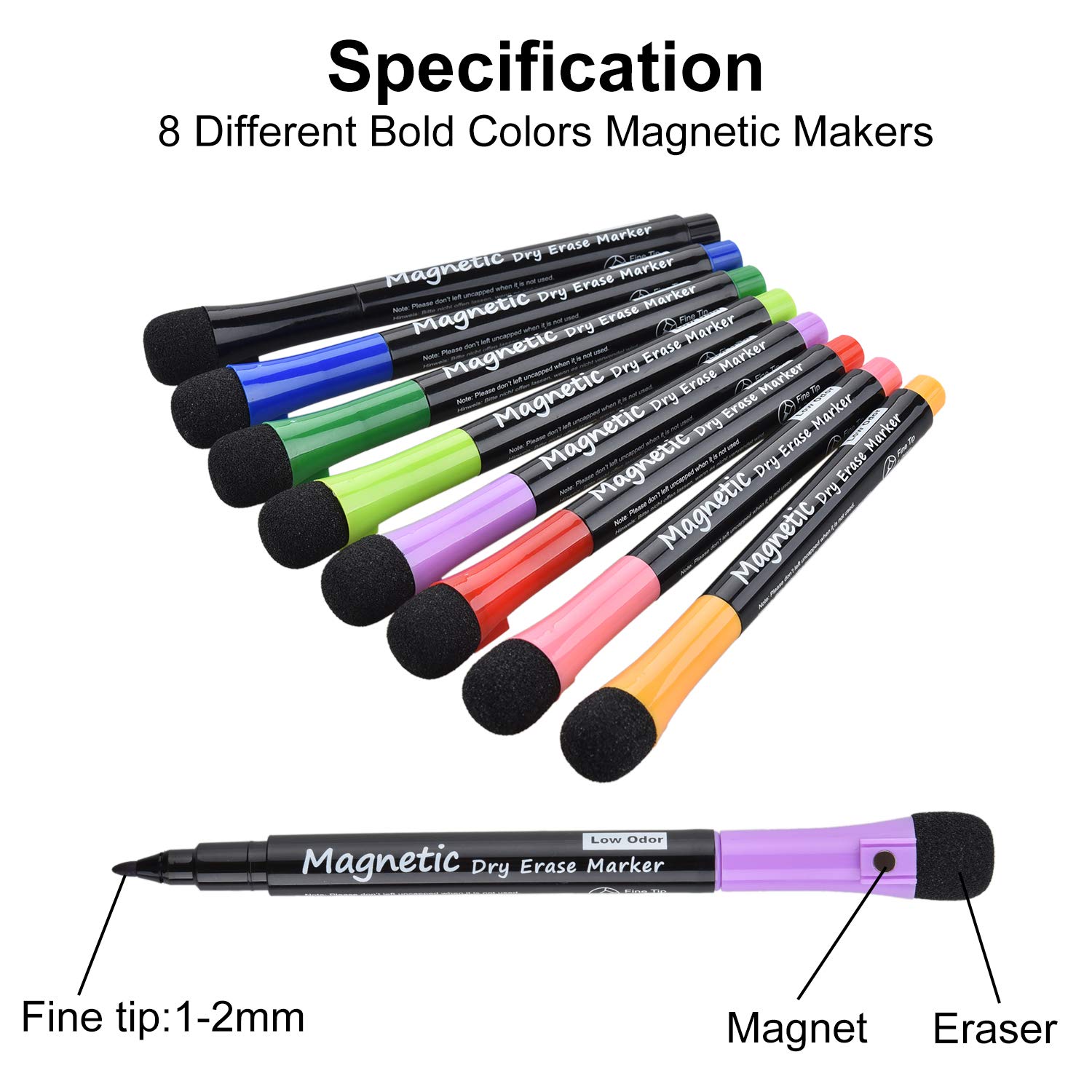**Dealkits Low Odor Magnetic Dry Erase Markers (8 Pack) - Fine Tip Whiteboard Markers with Erasers for Kids & Teachers - Perfect for Classroom, Office, Calendar, and Home Whiteboard Use**