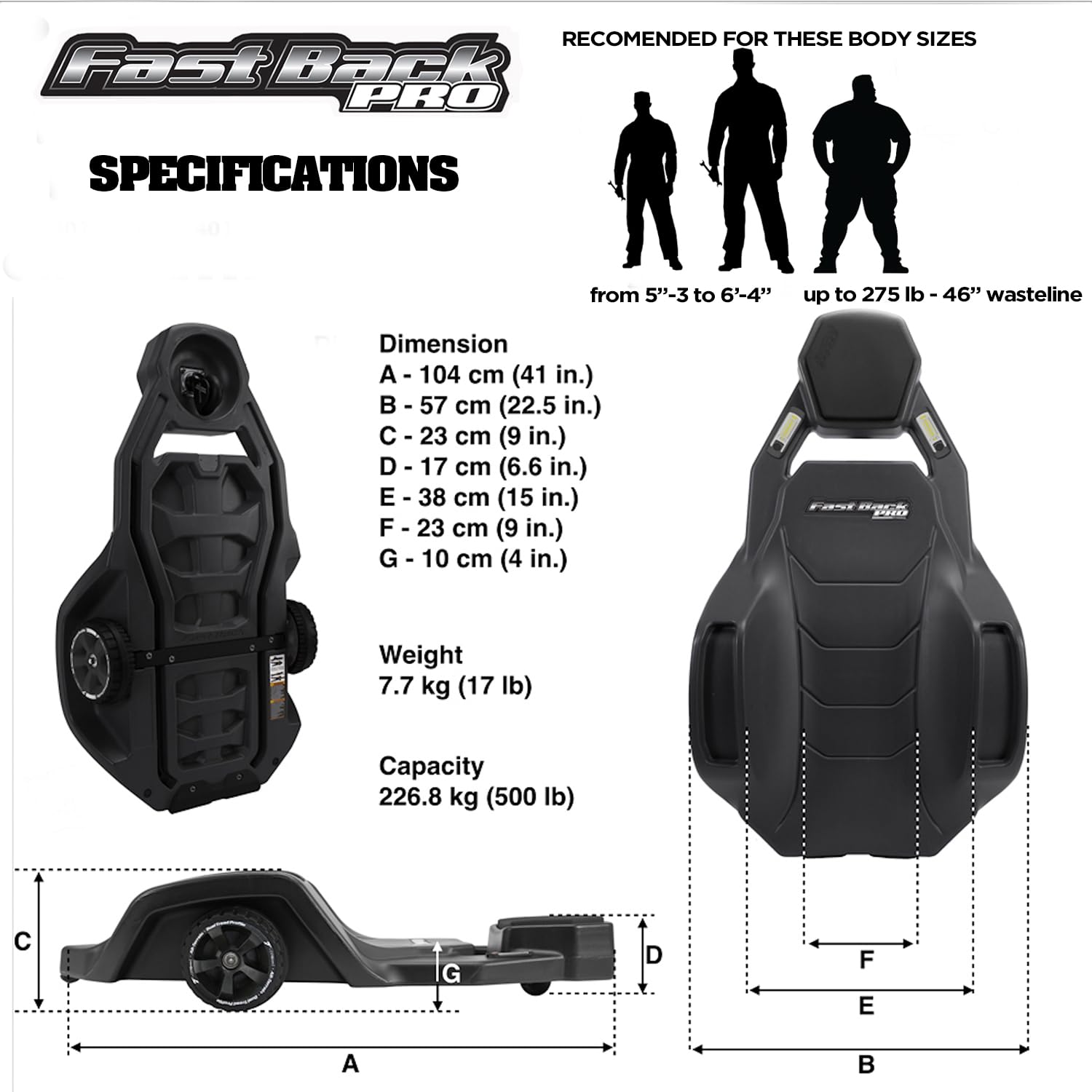 Fastback PRO Heavy Duty Ergonomic Automotive Creeper - 3-Wheel All-Terrain HDPE Design with Adjustable Height & 2 LED Work Lights - Perfect for Mechanics, DIY Garage Repairs & Outdoor Vehicle Maintenance (Wall Hanger Included)