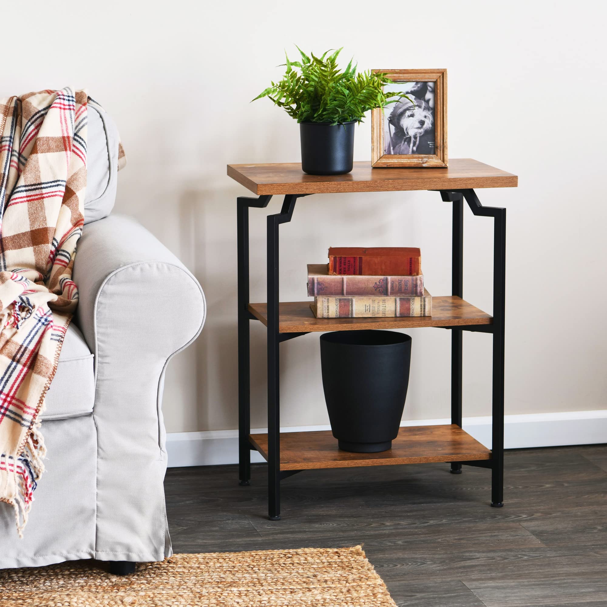 Rustic Hickory Wood Grain & Black Metal 3-Shelf Open Storage Bookshelf - Narrow Design for Home, Office, or Dorm Organization | Household Essentials Crown Collection