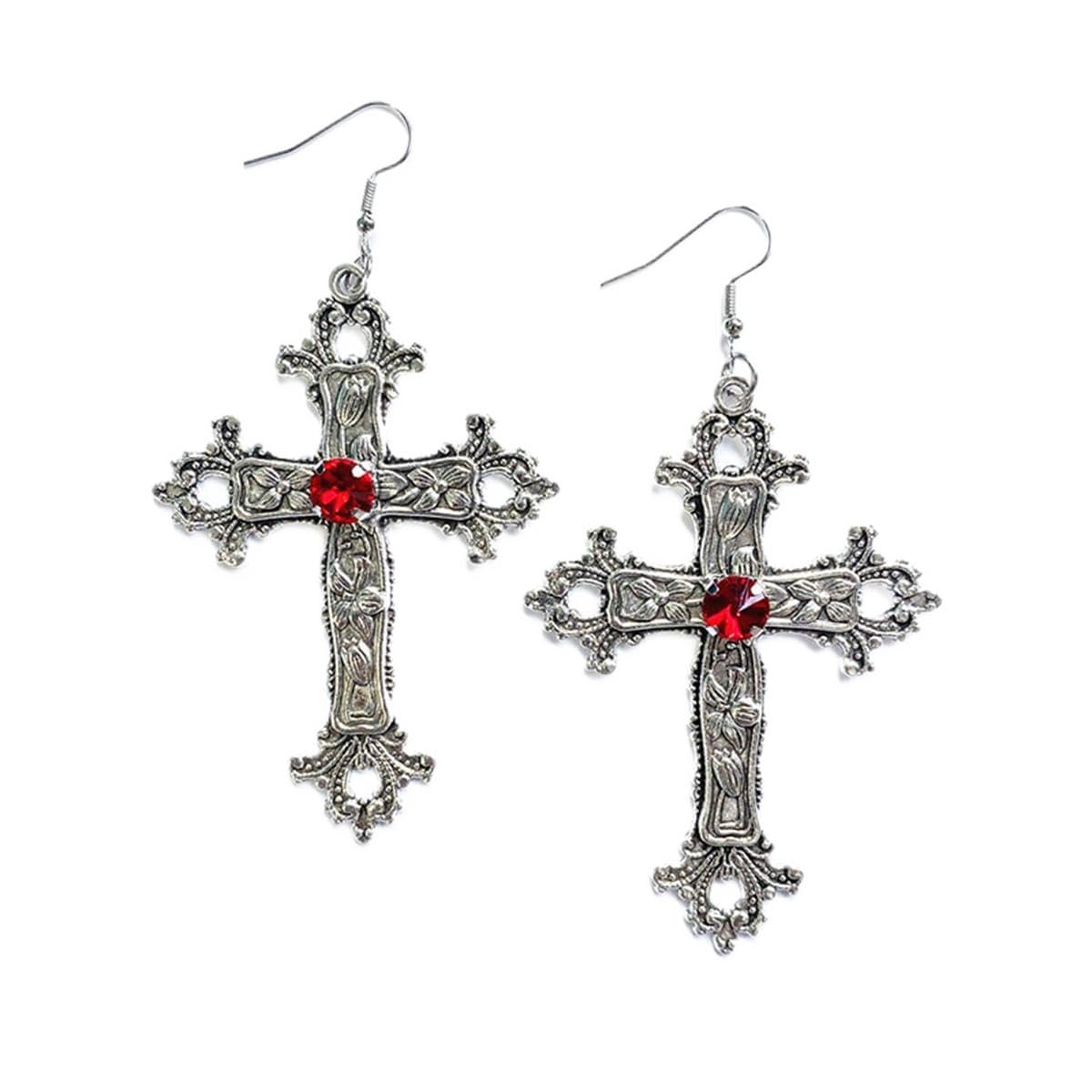 Gothic Cross Earrings for Women - Red & Black Crystal Gemstone Vintage Dangle Drop Earrings with Flower Pattern | Perfect for Halloween, Gothic Fashion & Alternative Jewelry Collection