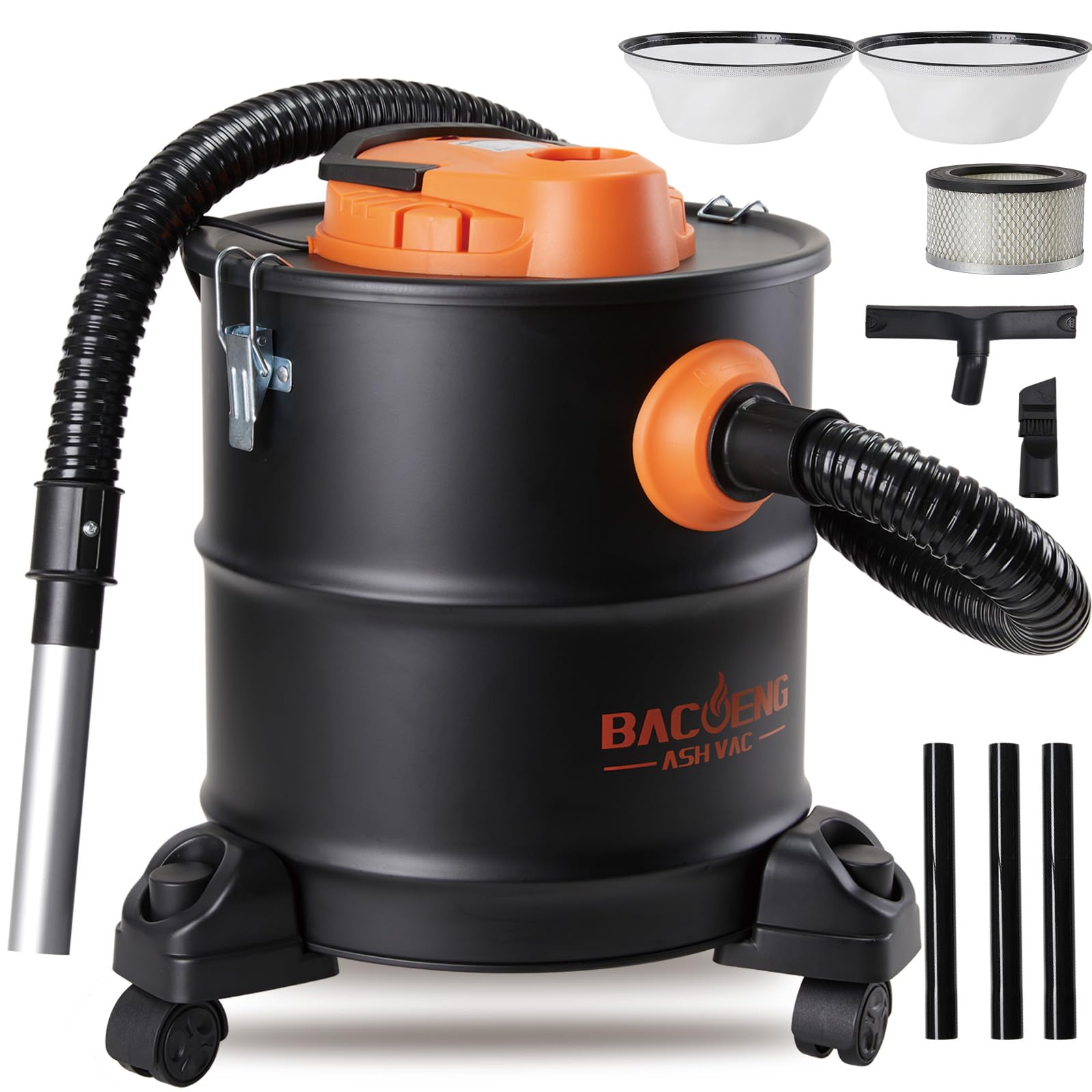 BACOENG 5.2G Ash Vacuum for Fireplace, Wood Stove & Pellet Grill - 1200W with Dual Filtration for Easy Ash Cleaning