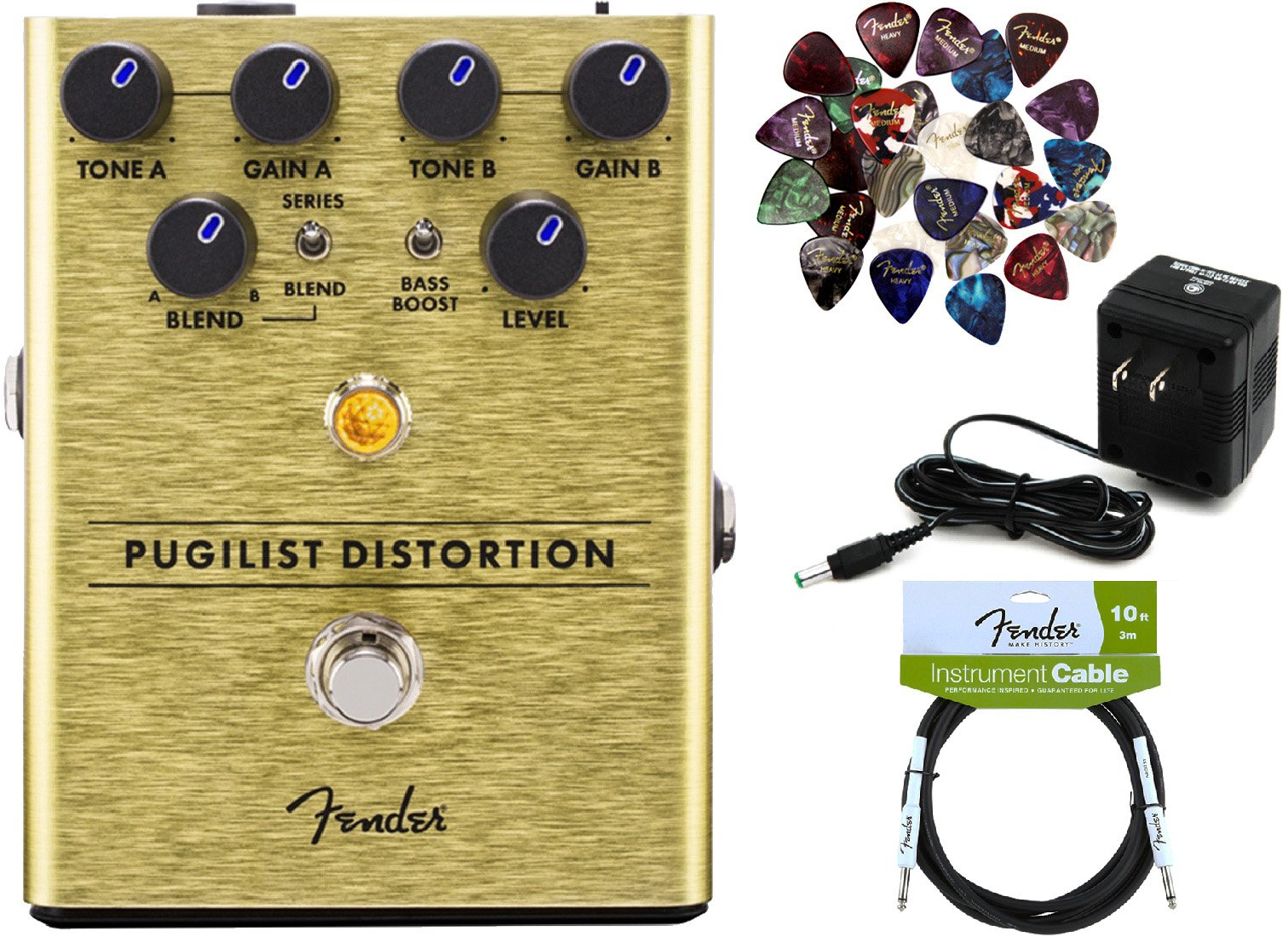 Fender Pugilist Distortion Pedal Bundle with Power Supply, Guitar Cable & 24 Picks - Professional Guitar Effects Pedal for Electric Guitarists, Stage & Studio Use