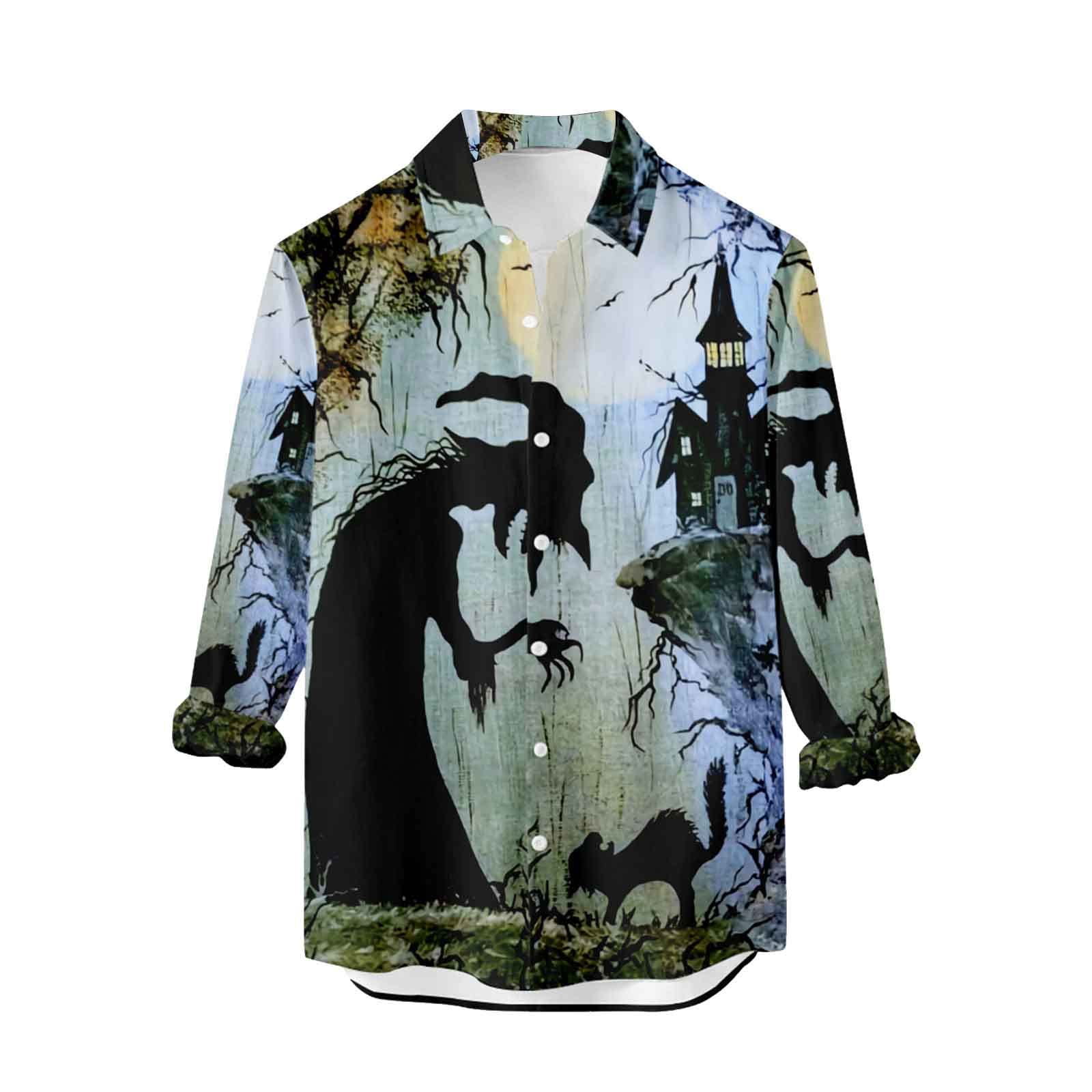 Men's Casual Hawaiian Shirt with 3D Skull Graphic - Long Sleeve Button Down Sweatshirt for Halloween & Tropical Parties - Trendy Fashion Tops for Beach Vacations & Costume Events