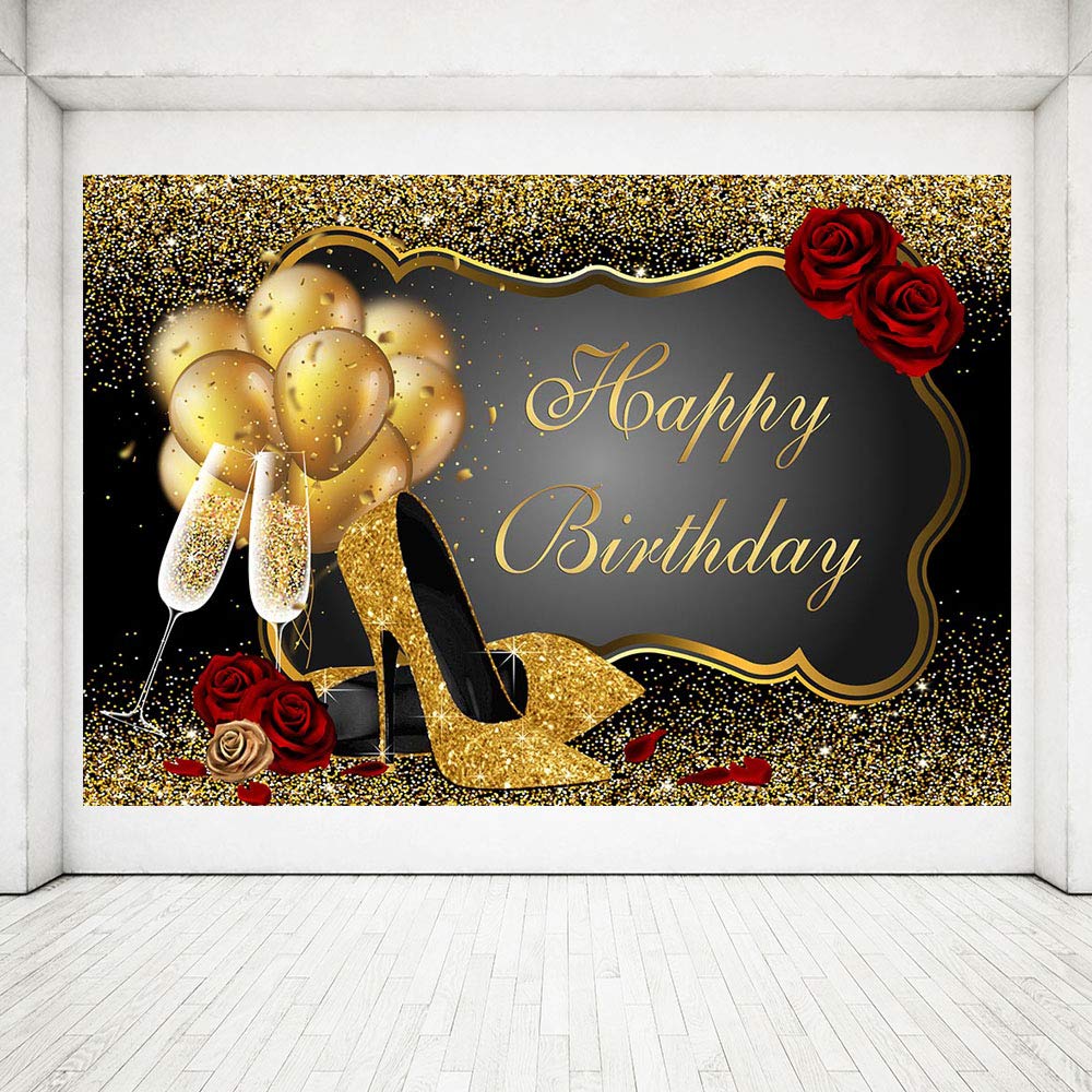 MEHOFOND 5x3ft Black & Gold Birthday Photo Backdrop with Glitter Heels, Balloons & Champagne - Elegant Women's Birthday Party Decor for Photography, Social Media & Special Celebrations