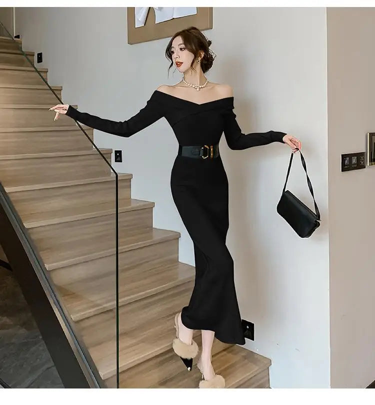 Beige Knit Sweater Dress for Women - Autumn Winter Long Sleeve V-Neck Slim Fit High Waist Elegant Party Dress (Black, Red) - Perfect for Evening Events, Date Nights & Holiday Gatherings
