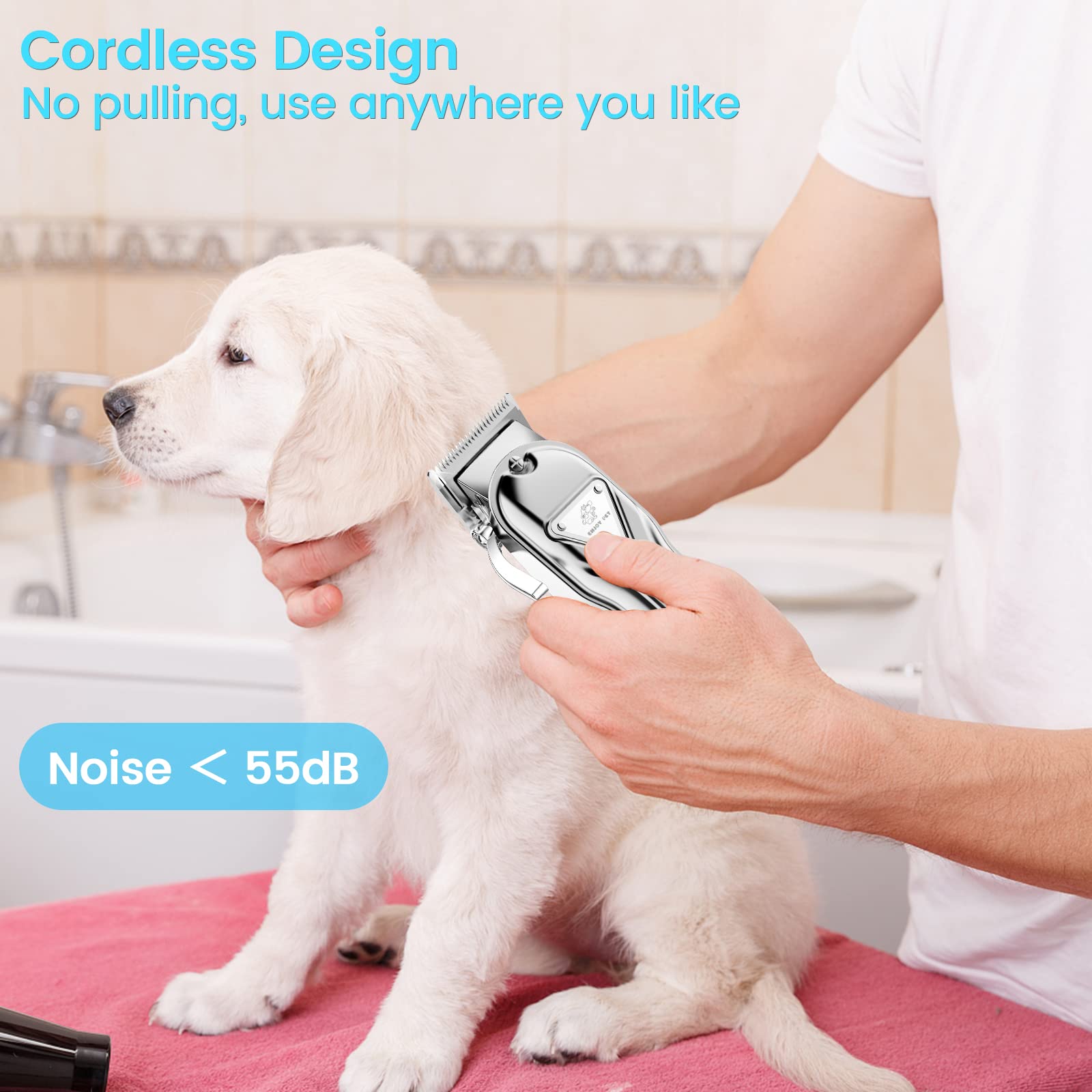 Professional Dog Clippers for Thick & Heavy Coats - Waterproof, Low Noise Rechargeable Cordless Dog Grooming Kit with Stainless Steel Blades - Perfect for Home Pet Grooming & Professional Use