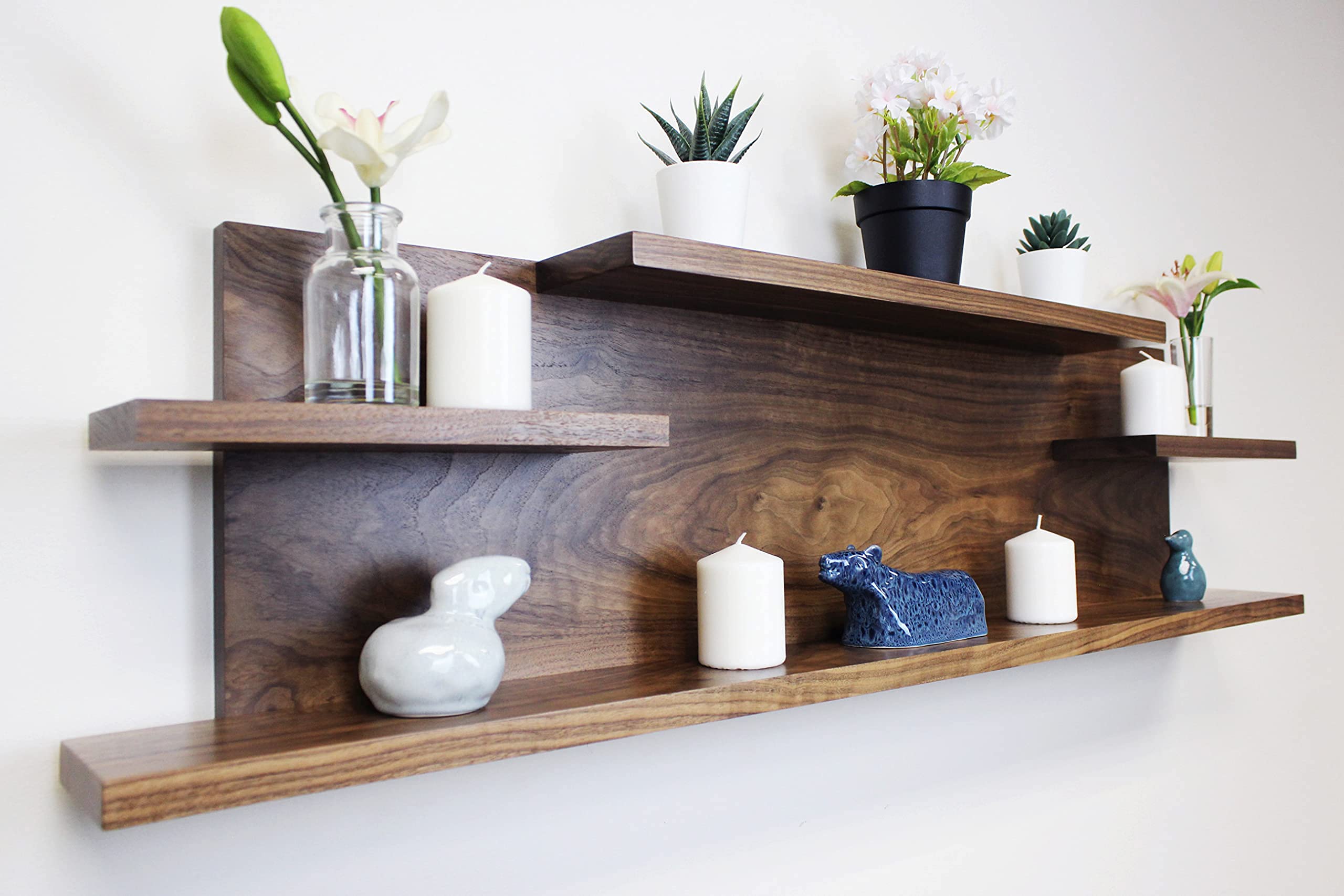 Rustic Wooden Wall Organizer Shelf - Natural Solid Walnut Floating Shelves for Living Room, Entryway, Bedroom & Office - Handmade Home Decor for Christmas, Housewarming & Wedding Gifts - Perfect for Displaying Photos, Plants & Decorative Items