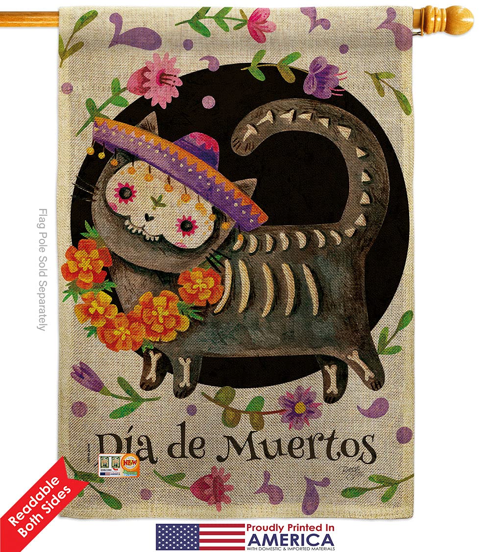 Day of the Dead Cat Burlap Garden Flag Kit - Double-Sided Mexican Party Decor for Fall, Dia de Muertos, Halloween & Autumn - Made in USA (28x40 Inches) - Perfect for Yard, Porch & Festival Decorations