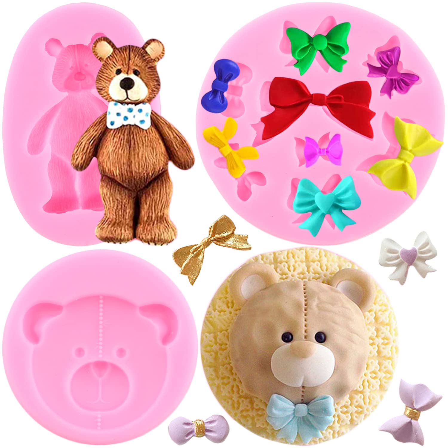 Premium Silicone Fondant Molds Set of 3 - Teddy Bear, Bowknot & Candy Shapes for Cake Decorating, Cupcake Toppers, Baby Shower Treats, Chocolate Making & DIY Baking Supplies | Food-Grade Non-Stick Mold Kit