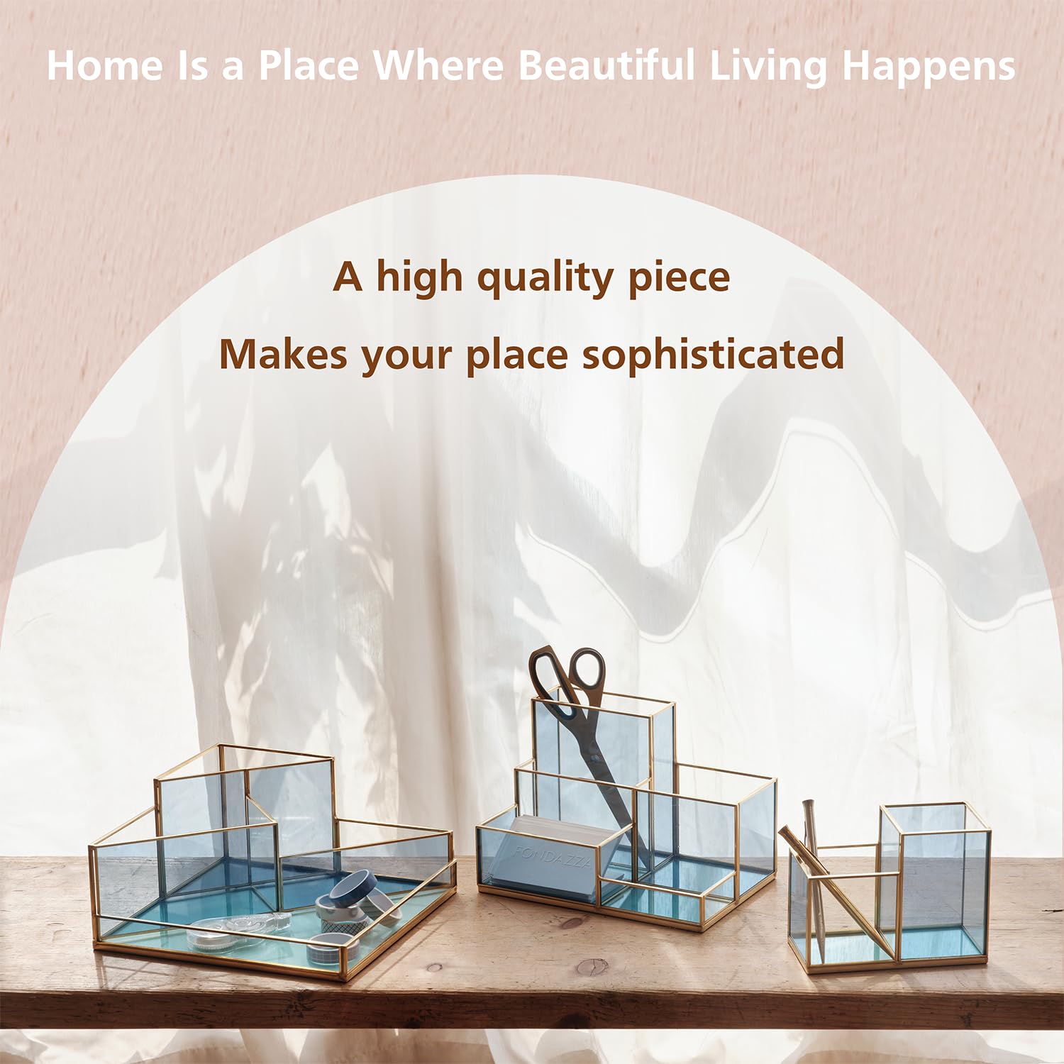 Elegant Gold & Blue Glass Desk Organizer - 5-Compartment Pen Holder, Makeup Brush & Skincare Storage, Stylish Office & Vanity Accessories for Women | Perfect for Home Office, Makeup Vanity & Desk Organization