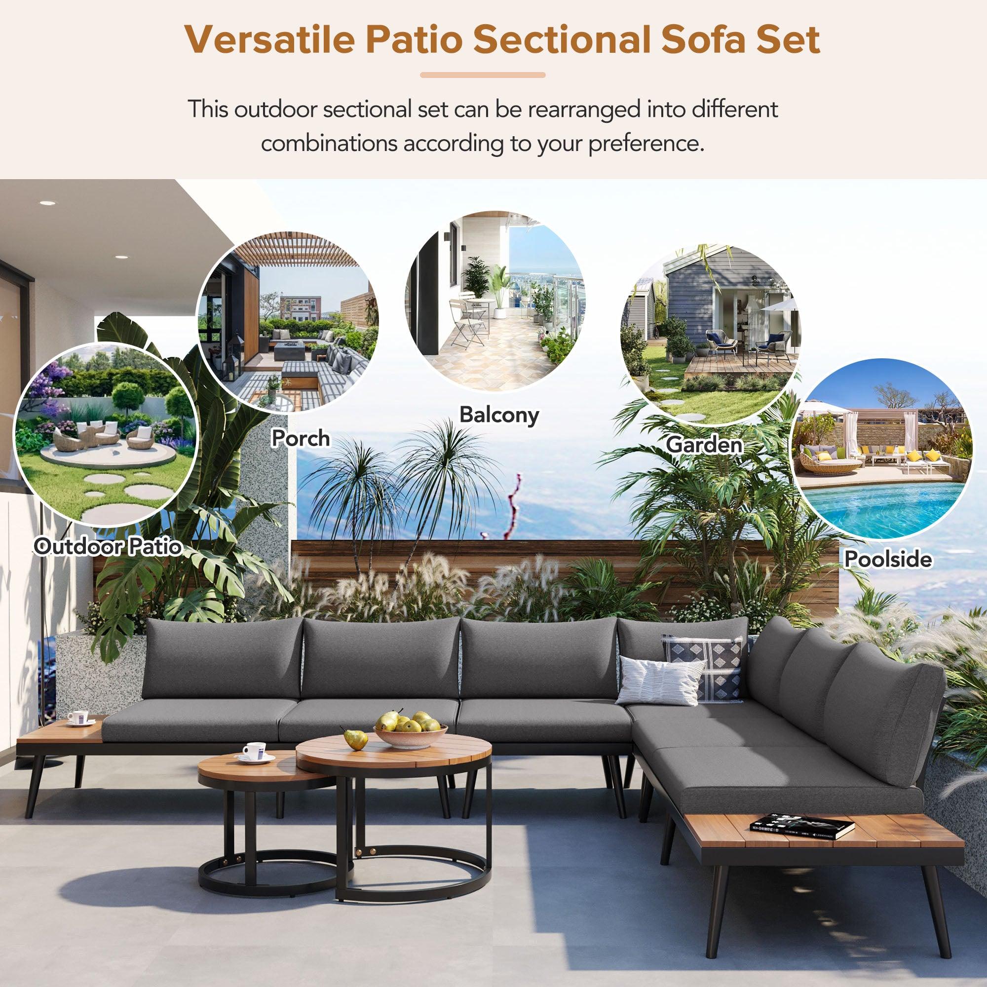6-Piece Outdoor Sectional Sofa Set with Round Nesting Coffee Tables & Cushioned Seating - Patio, Porch, Garden Furniture for Backyard, Poolside & Outdoor Living Spaces