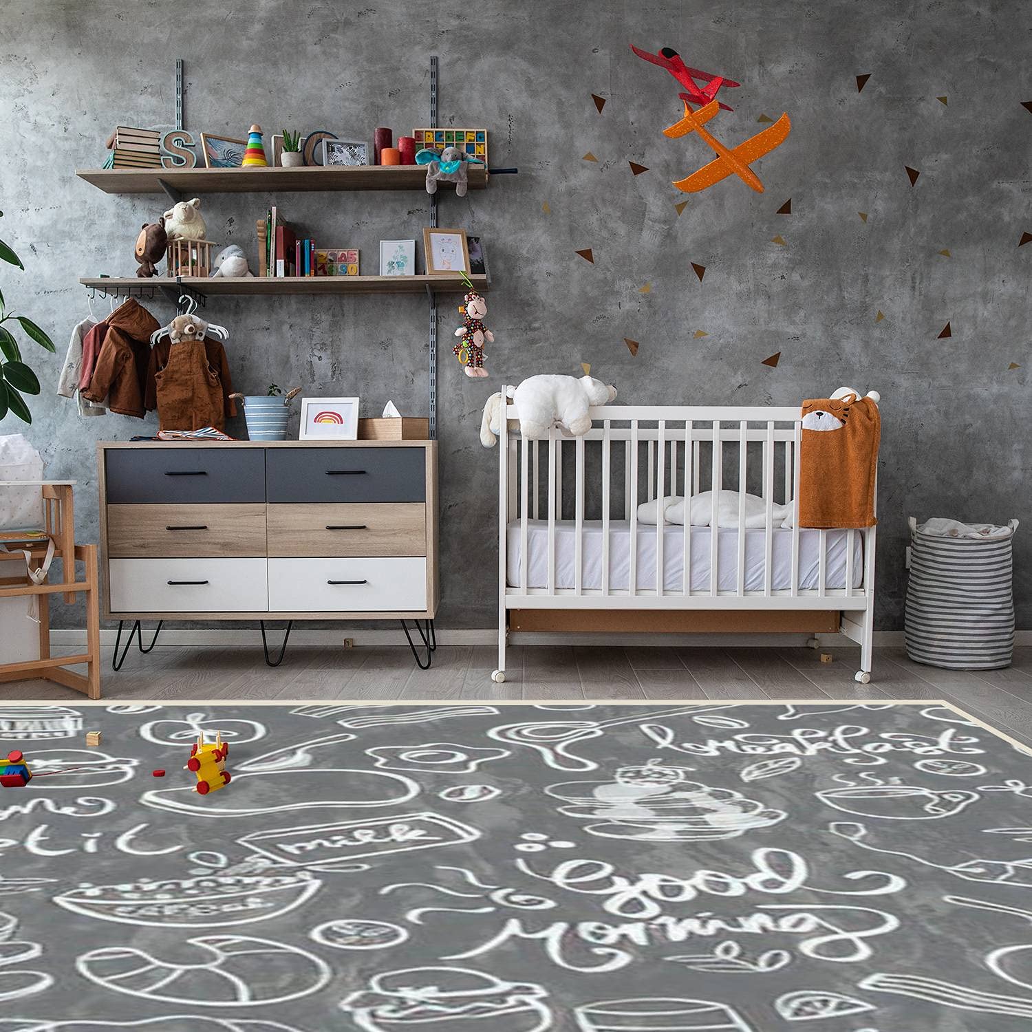 Modern Abstract Area Rugs - Stain Resistant Non-Slip Carpet for Living Room, Bedroom, Kitchen, Bathroom | Seamless Pattern with Chalkboard Lettering Design | Perfect for Home Decor, Dining Areas & Breakfast Nooks