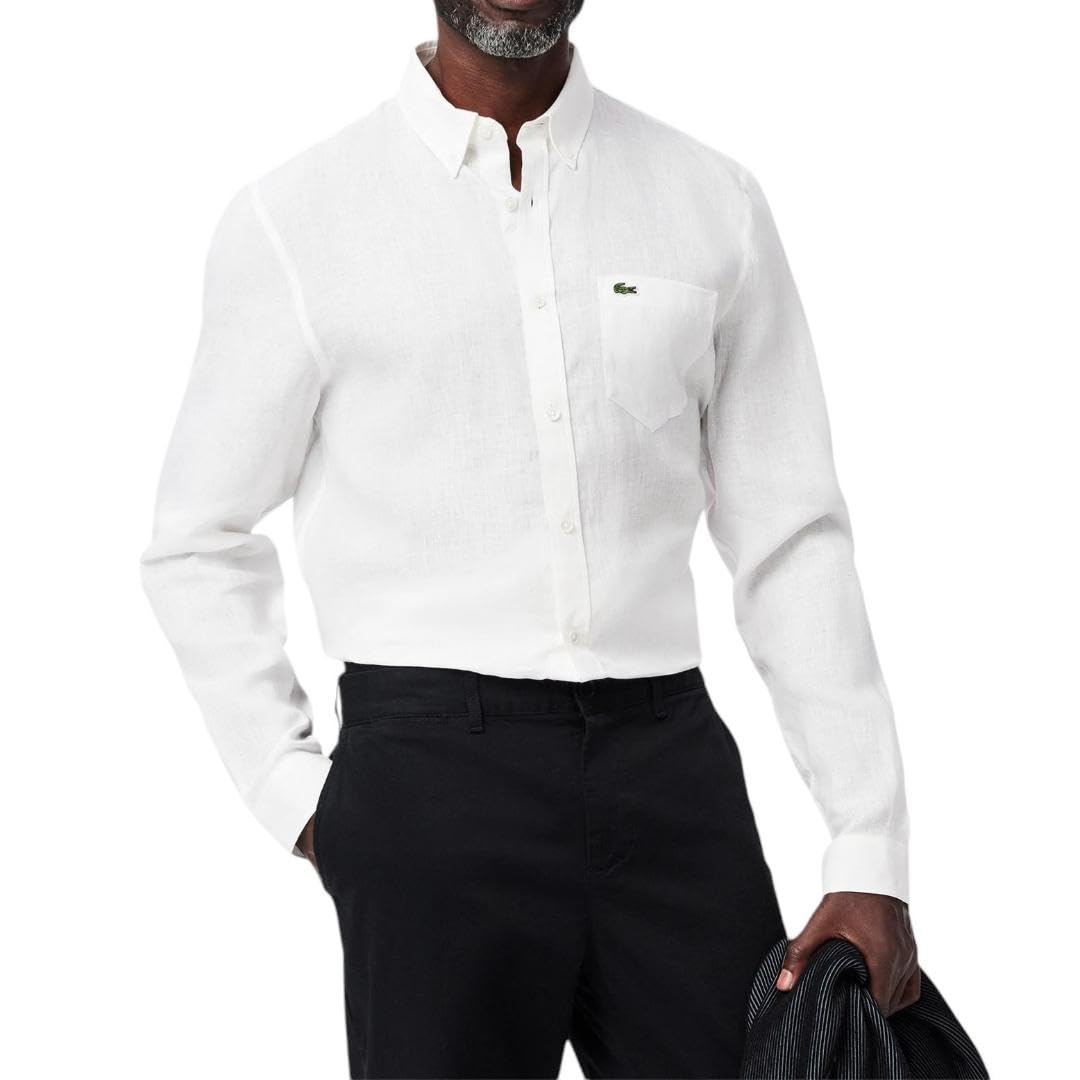 Lacoste Men's Long Sleeve Linen Button Down Shirt - Classic Regular Fit with Front Pocket | Casual Office Wear & Summer Outfits