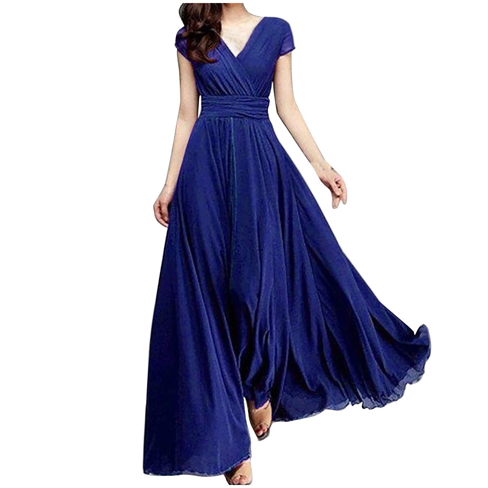 Women's Summer Chiffon Dress - V-Neck Short Sleeve Solid Color Waist-Tie Evening Dress with Pockets | Perfect for Beach Vacations, Date Nights & Summer Parties