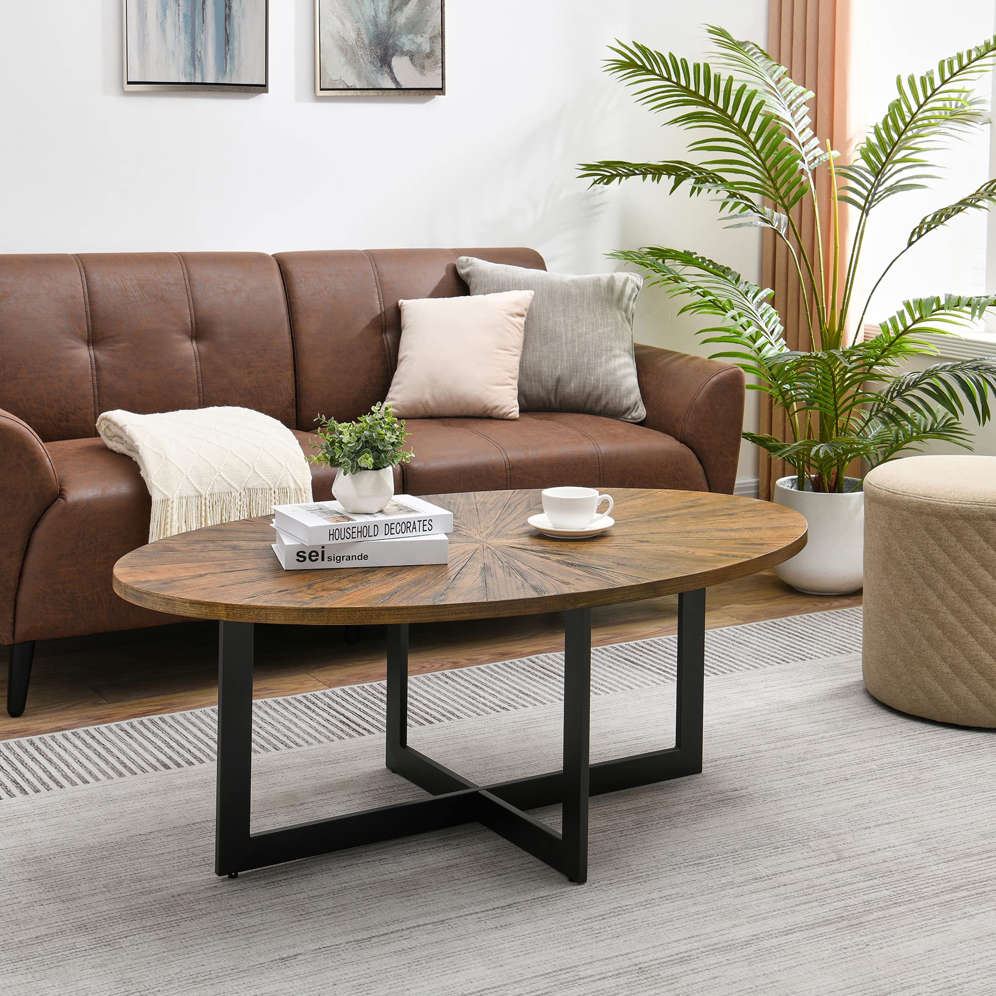 Solid Wood Oval Coffee Table with Cross Metal Legs - 47.9