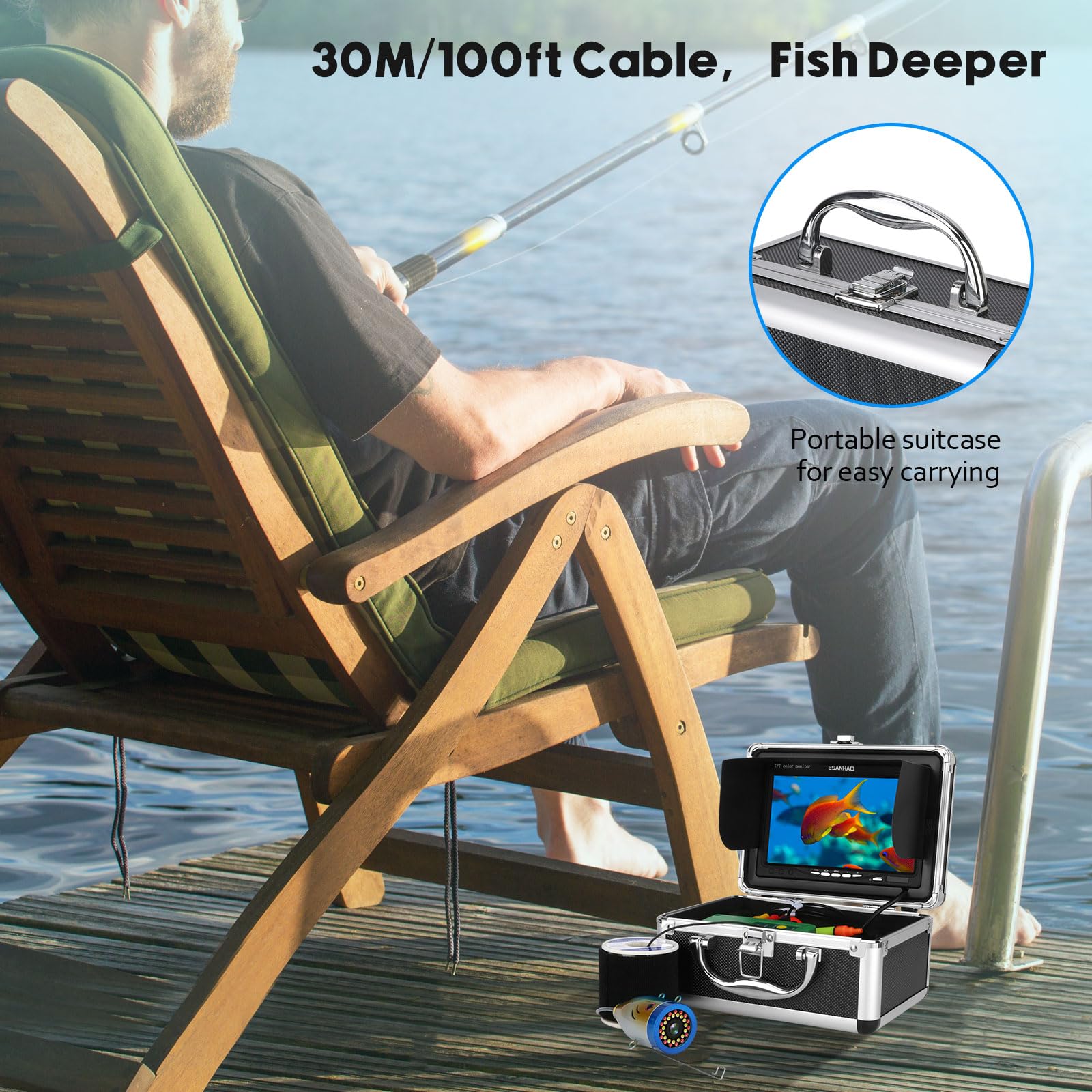 1000TVL Underwater Fishing Camera with 98ft/30m Cable - HD Monitor for Ice, Lake, Kayak & Boat Fishing - Saltwater & Freshwater Use - Perfect for Deep Sea, Dock & Night Fishing Adventures