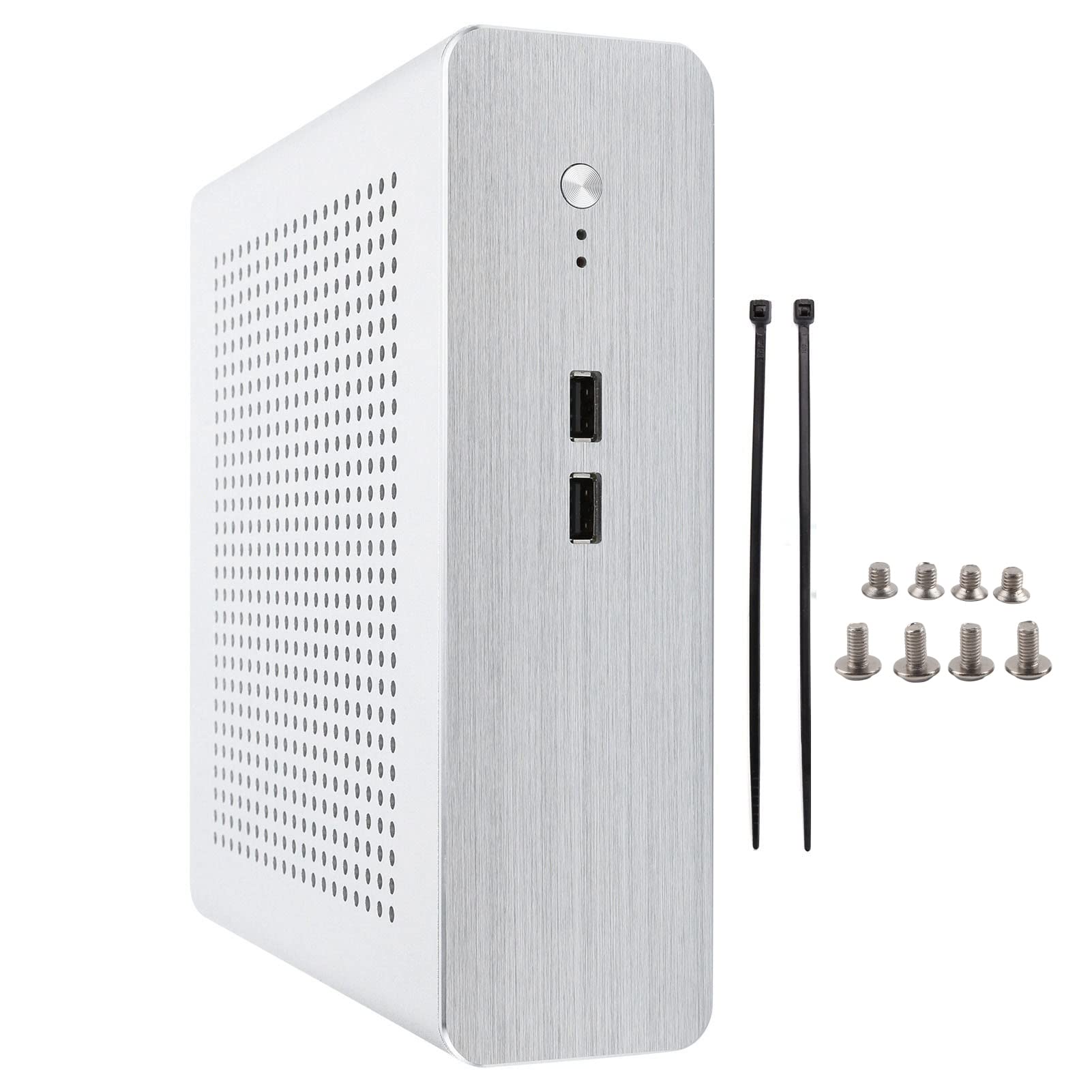 ASHATA G60S Mini-ITX PC Case - Full Aluminum HTPC Chassis with DC-ATX Power Supply, USB 2.0 Ports - Compact Desktop Computer Case for Home Theater, Office & Gaming Setup