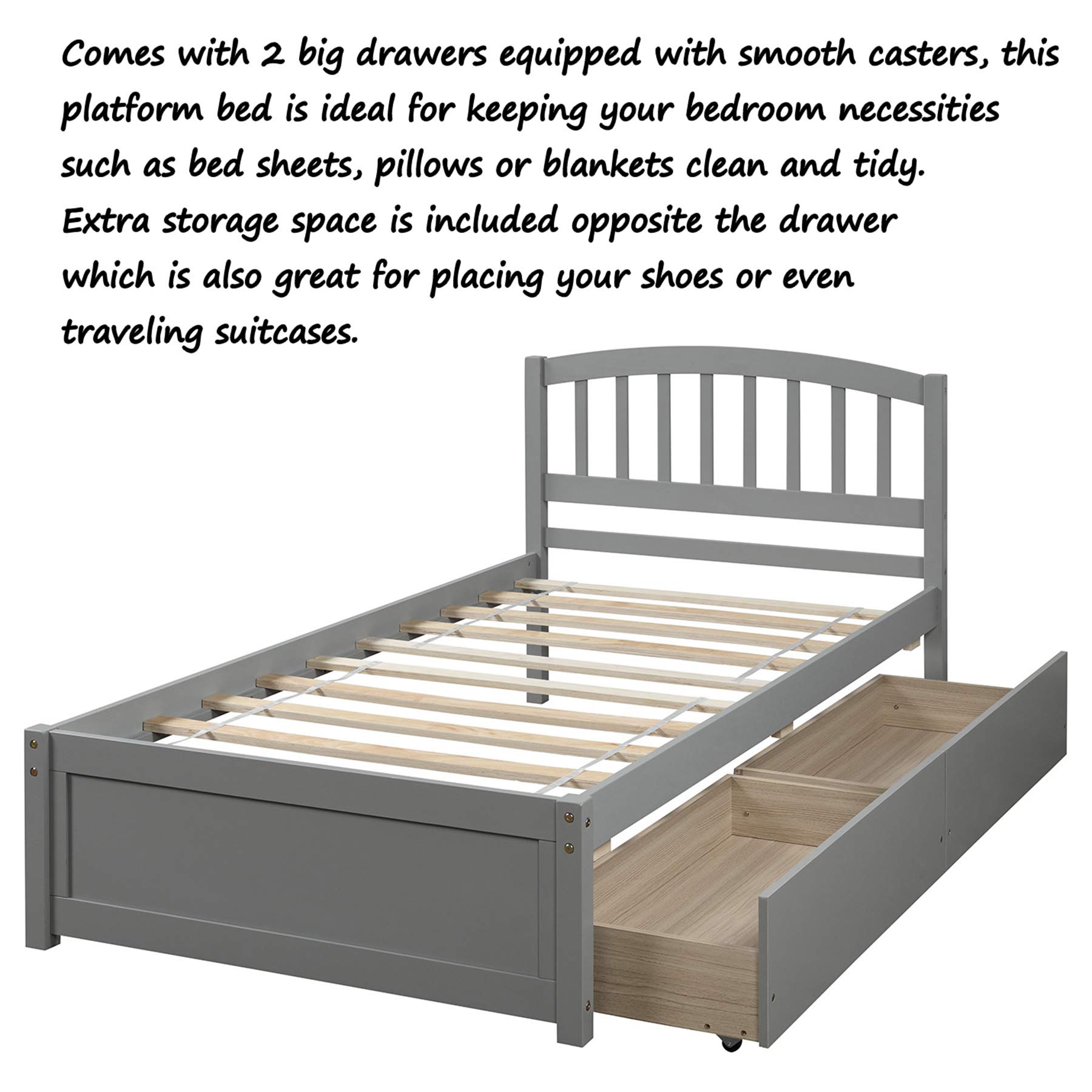 P PURLOVE Twin Size Wooden Storage Bed Frame with 2 Drawers & Headboard - Space Saving Platform Bed for Small Bedroom, Gray - Perfect for Kids Room, Guest Room or Studio Apartment