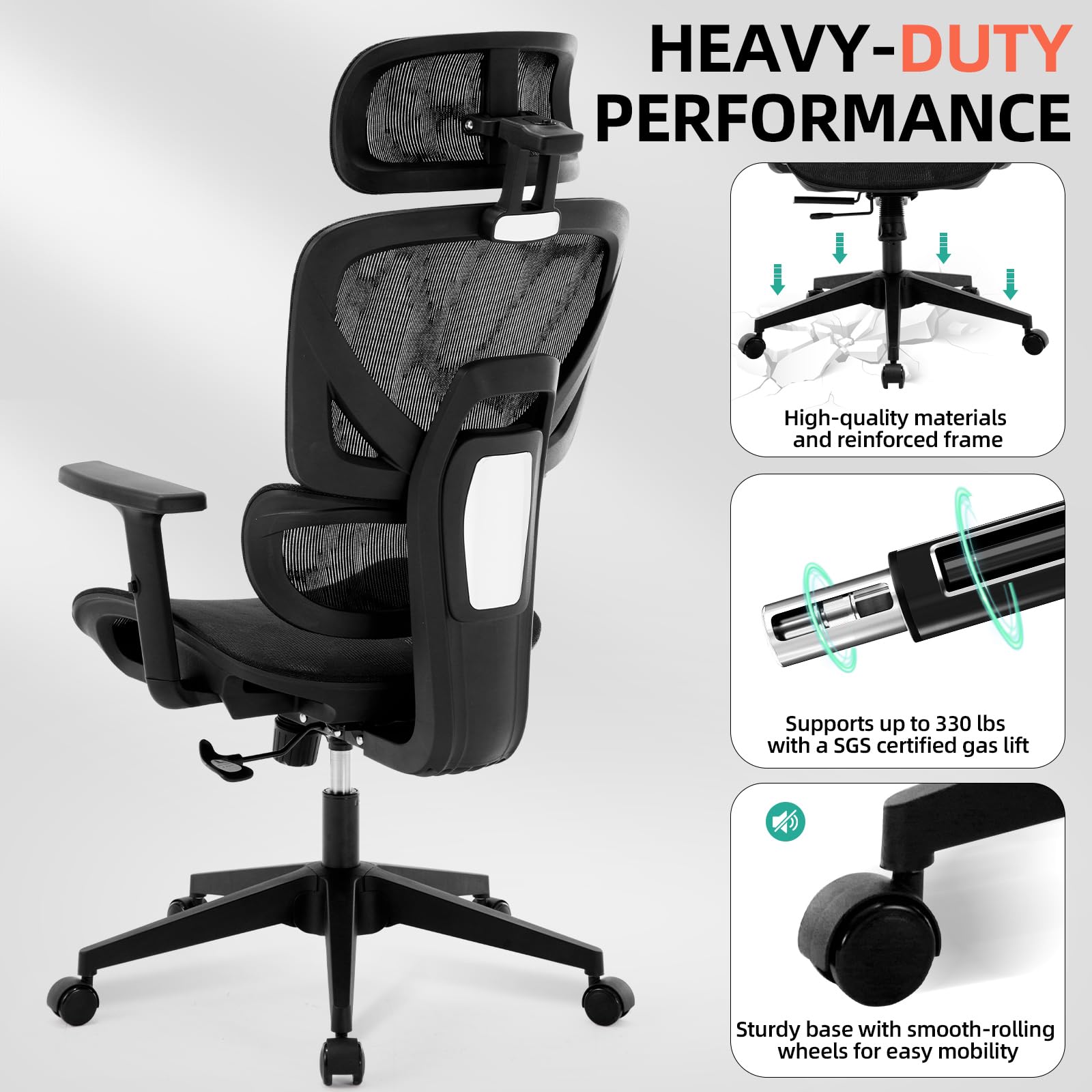 Ergonomic Office Chair with High Back & Lumbar Support - Big & Tall Mesh Desk Chair for Home Office, 400LB Capacity, Adjustable Armrests & Wheels - Perfect for Long Work Hours, Gaming, and Remote Work Comfort