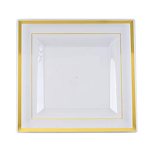 20-Pack 10-Inch Clear Plastic Square Plates with Gold Trim - Elegant Disposable Tableware for Weddings, Parties, Receptions & Catering Events - Perfect for Formal Dinners, Buffets & Special Occasions