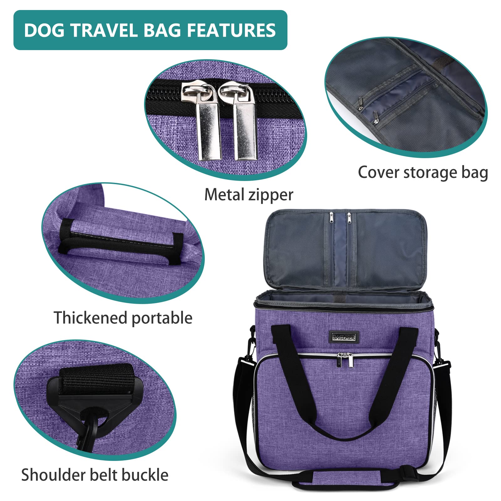 BAGLHER Dog Travel Bag - Durable Pet Carrier with 2 Food Containers & 2 Collapsible Bowls | Essential Travel Accessories for Dogs & Cats | Perfect for Road Trips, Airplane Travel & Outdoor Adventures (Purple)