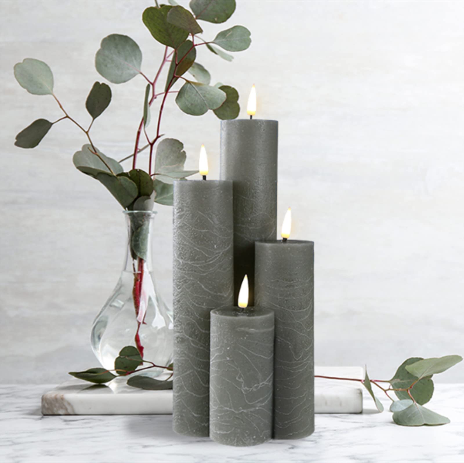 Realistic Grey Slim Flameless LED Pillar Candles with Remote - Battery Operated Flickering Wax Candles Set of 4 for Home Decor, Wedding Centerpieces & Romantic Dinner Ambiance