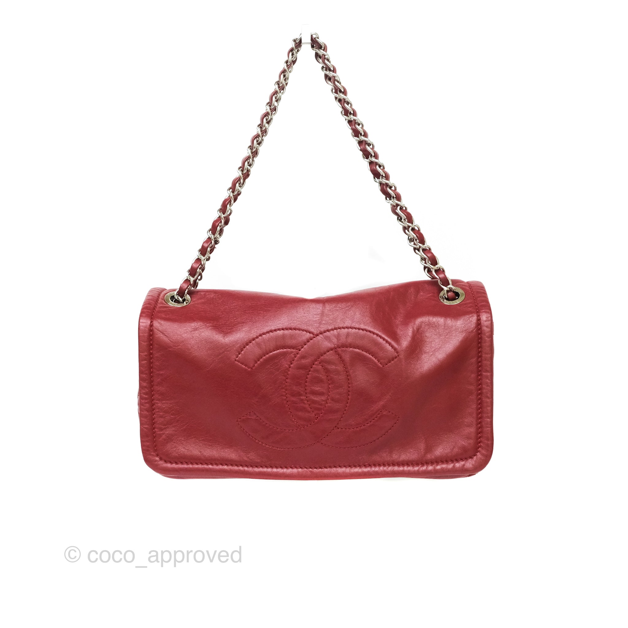 Chanel CC Flap Shoulder Bag in Dark Red Crumpled Leather with Silver Hardware - Luxury Crossbody Bag for Women, Perfect for Date Night & Evening Events