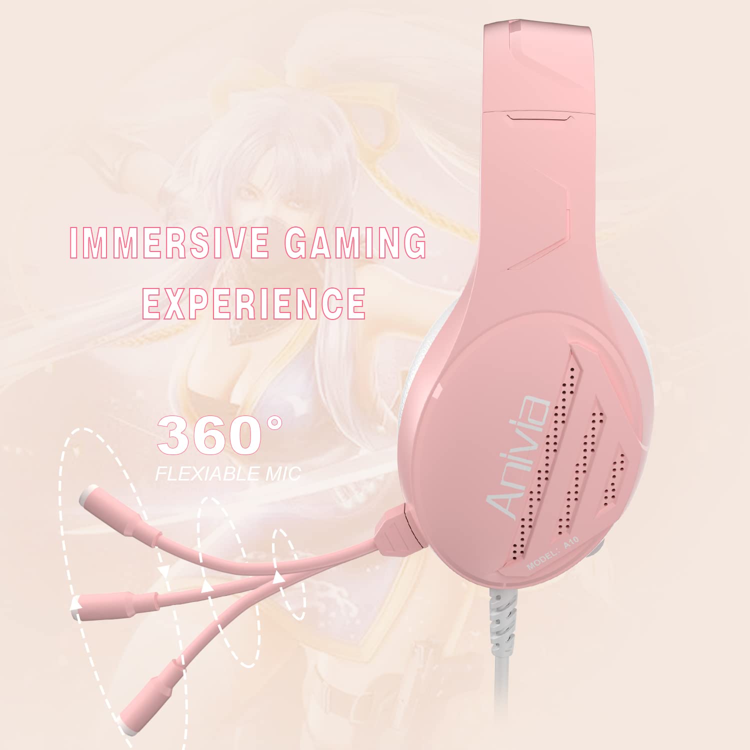 Anivia Stereo Gaming Headset with Mic for PC, PS5, Xbox - Pink for Immersive Play