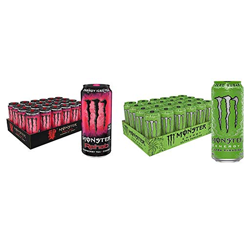 Monster Rehab Energy Drink Raspberry Tea 15.5oz (24 Pack) & Monster Energy Ultra Paradise 16oz - Refreshing Electrolyte Beverage for Workouts, Gaming, and Outdoor Activities