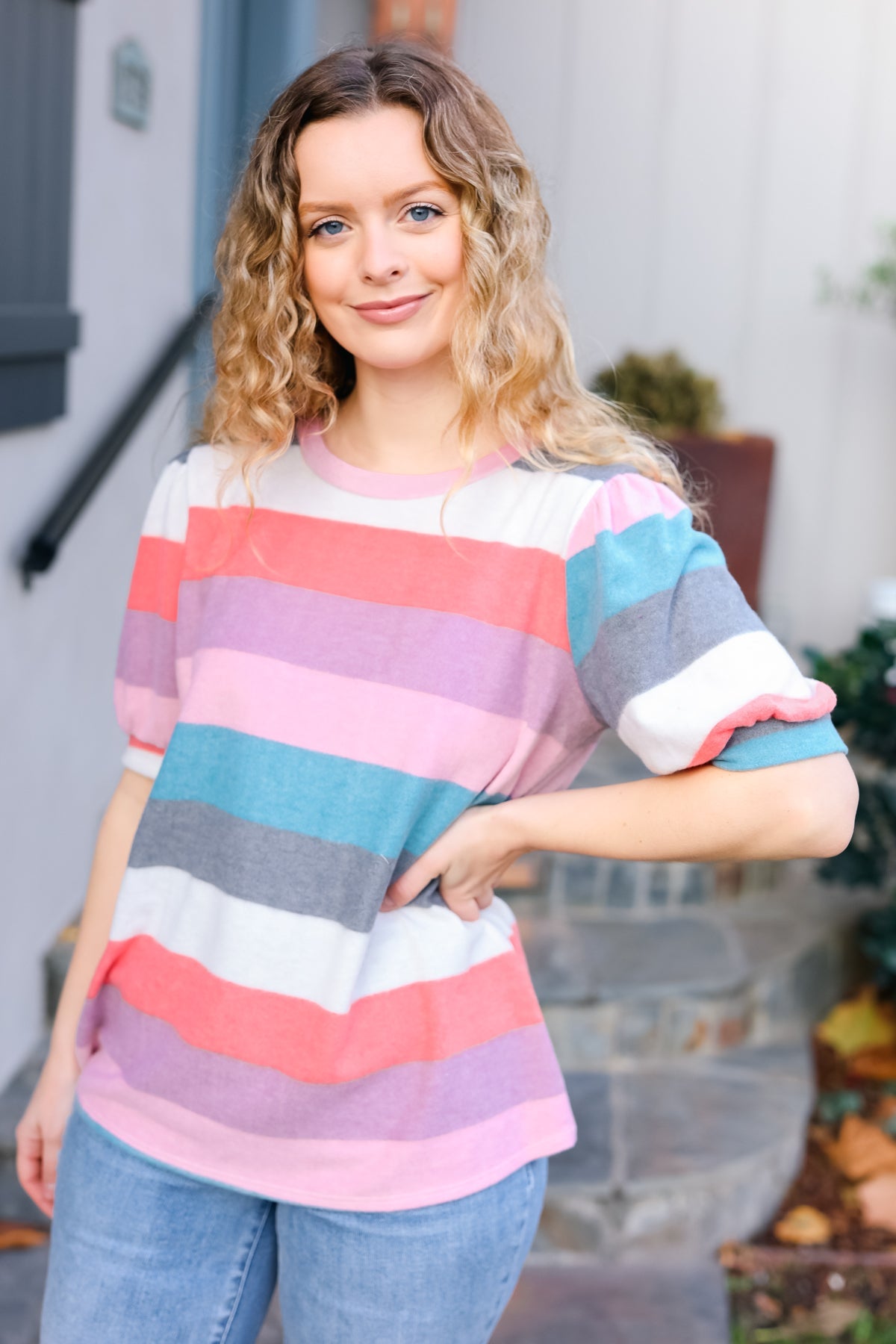 Look Out Teal & Rose Striped Hacci Knit Puff Sleeve Top | Women's Fashion Blouse | Casual & Party Wear | Perfect for Date Nights & Office Outfits