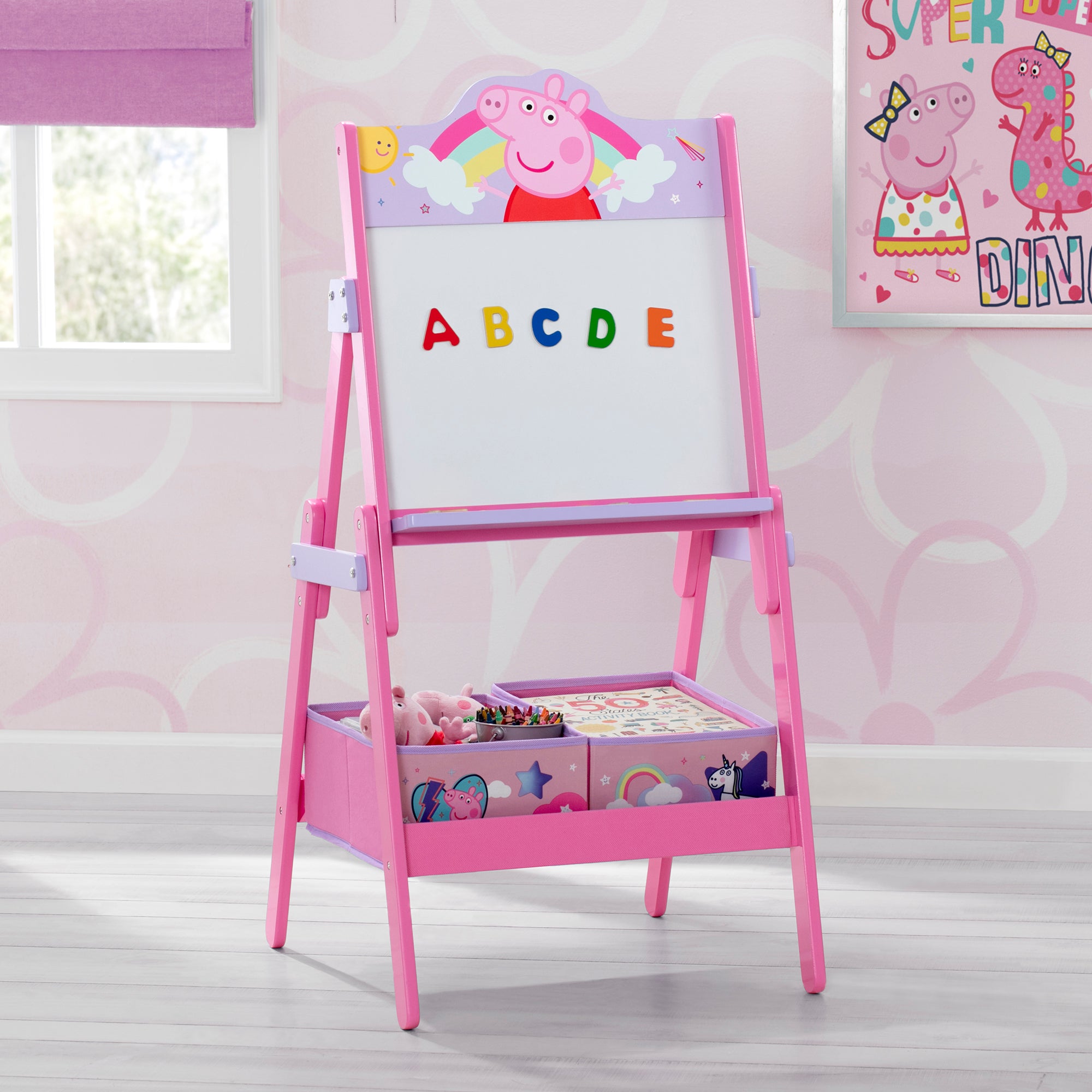Peppa Pig Wooden Kids Activity Easel with Storage - Double-Sided Magnetic Whiteboard & Chalkboard for Drawing & Learning - Perfect for Home, Classroom & Playroom