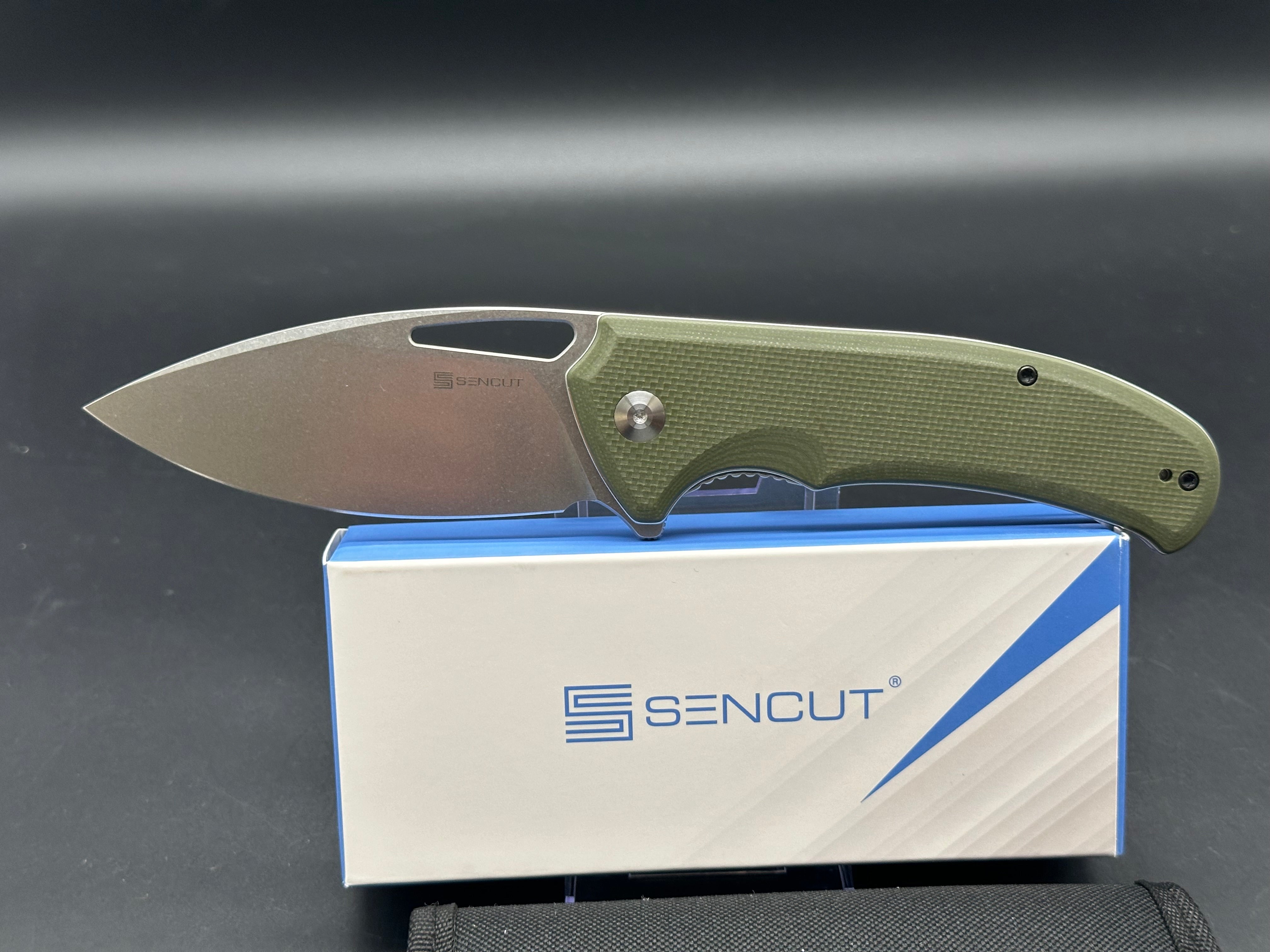 SENCUT PHANTARA Folding Pocket Knife - OD Green G10 Handle, 9CR18MOV Steel Drop Point Plain Satin Blade - EDC, Camping, Hiking & Outdoor Survival Tool