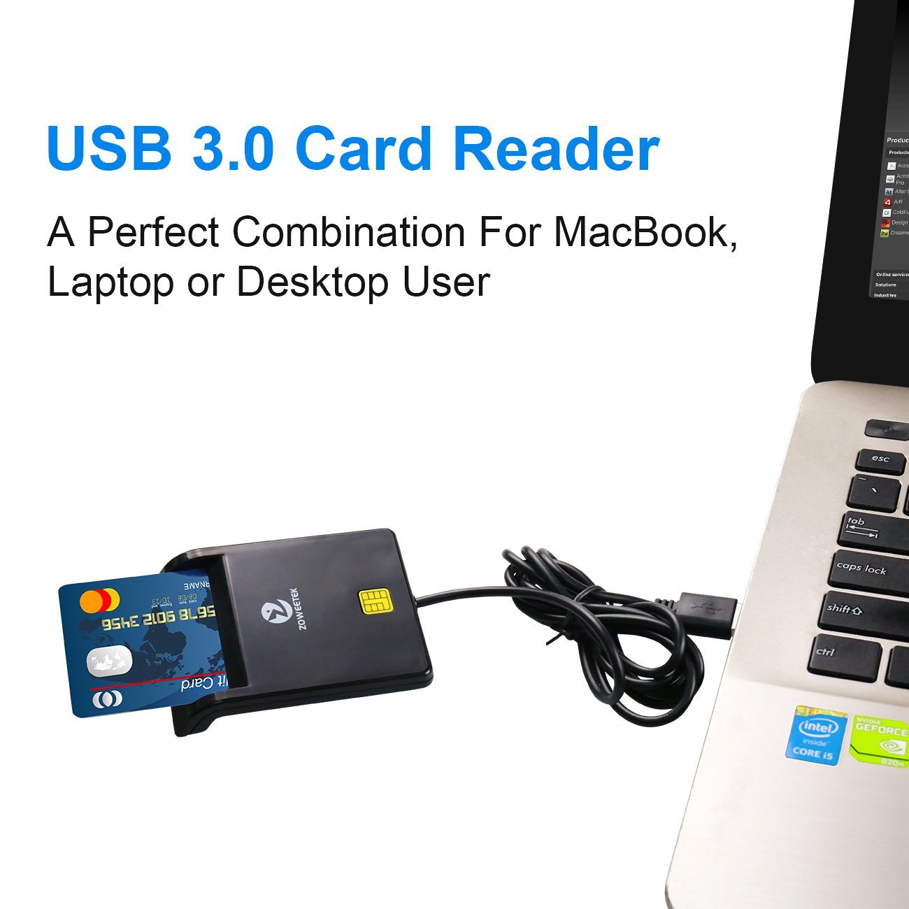 Zoweetek USB Smart Card Reader - Compatible with Portuguese, Spanish, Belgian, German ID Cards, Works on Windows & Linux for Secure Online Banking and Government Services
