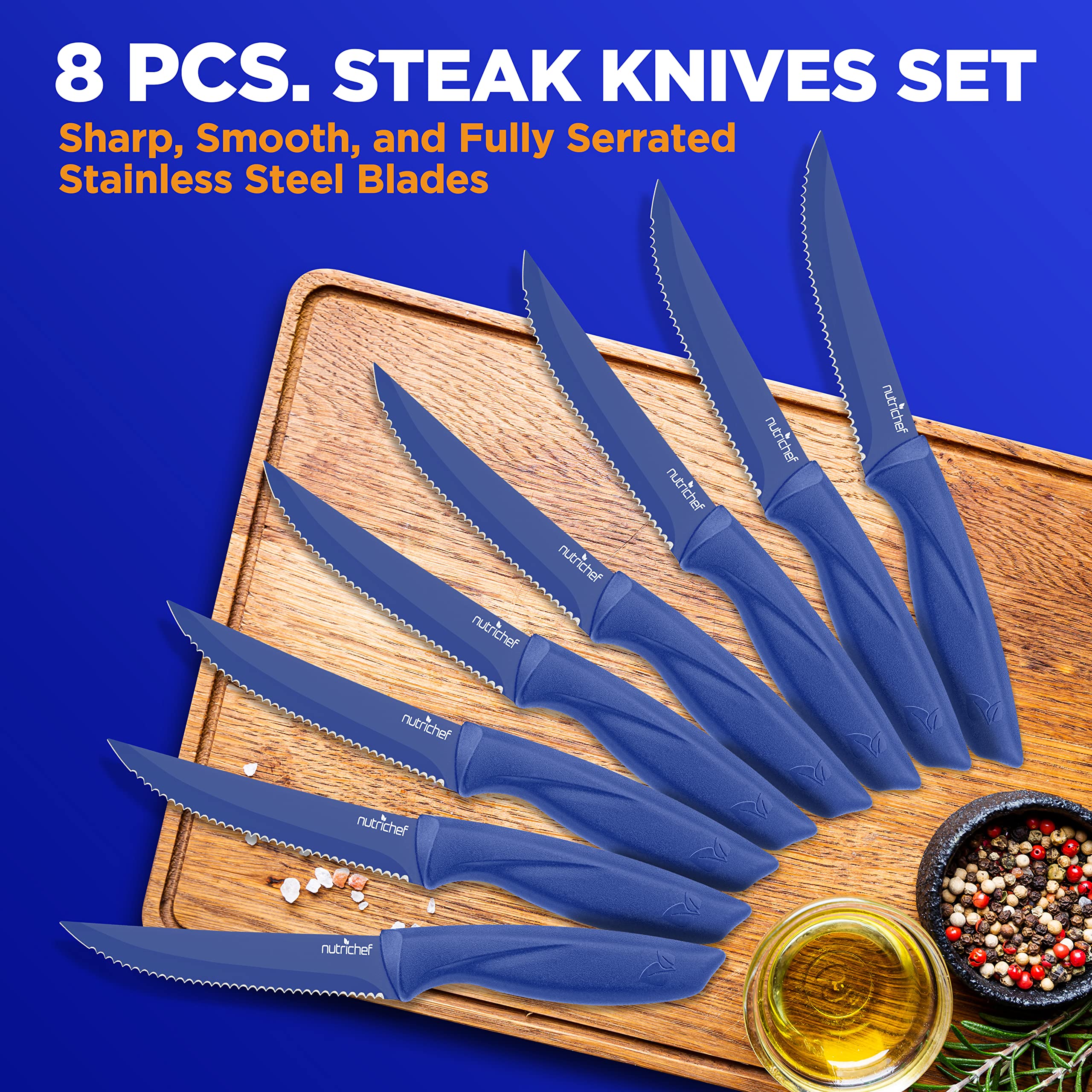 NutriChef 8-Piece Stainless Steel Kitchen Knife Set - Ergonomic Non-Stick Serrated Blades for Meat, Vegetables & Fruits - Durable Unbreakable Knives for Cooking, BBQ, Grilling & Food Prep - Perfect for Home Chefs & Outdoor Camping (Blue, NCSK8BU)