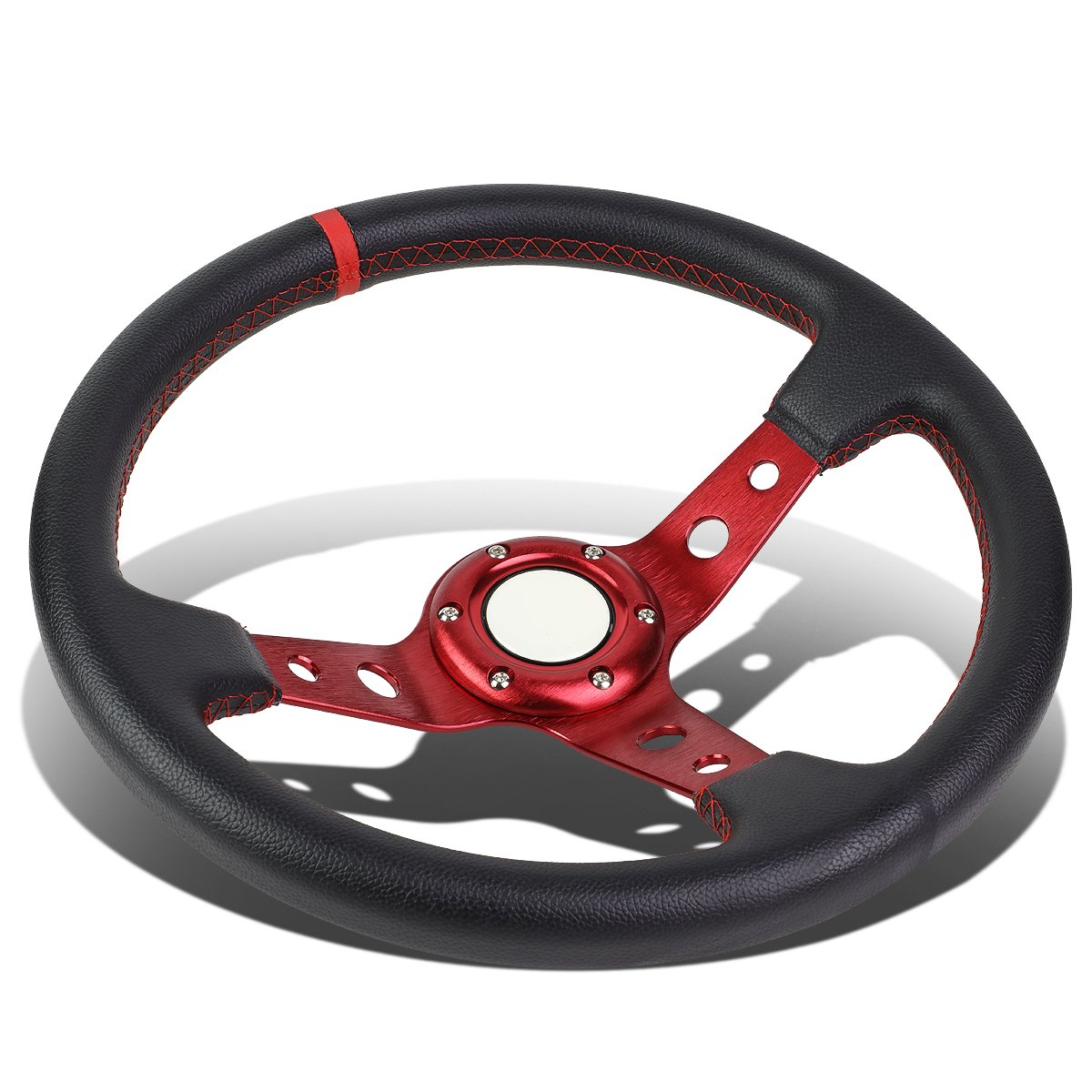 Auto Dynasty 350mm Red 6-Bolt Racing Steering Wheel with Red Stitched PVC Leather - Perfect for Drift, Track & Street Racing Cars