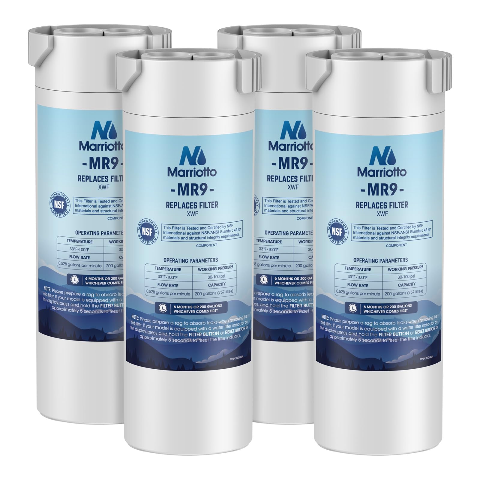 MARRIOTTO XWF Water Filter Replacement for GE XWF Refrigerator - 4 Pack | NSF Certified | Reduces Chlorine, Lead & Impurities | Perfect for Clean Drinking Water & Ice Making