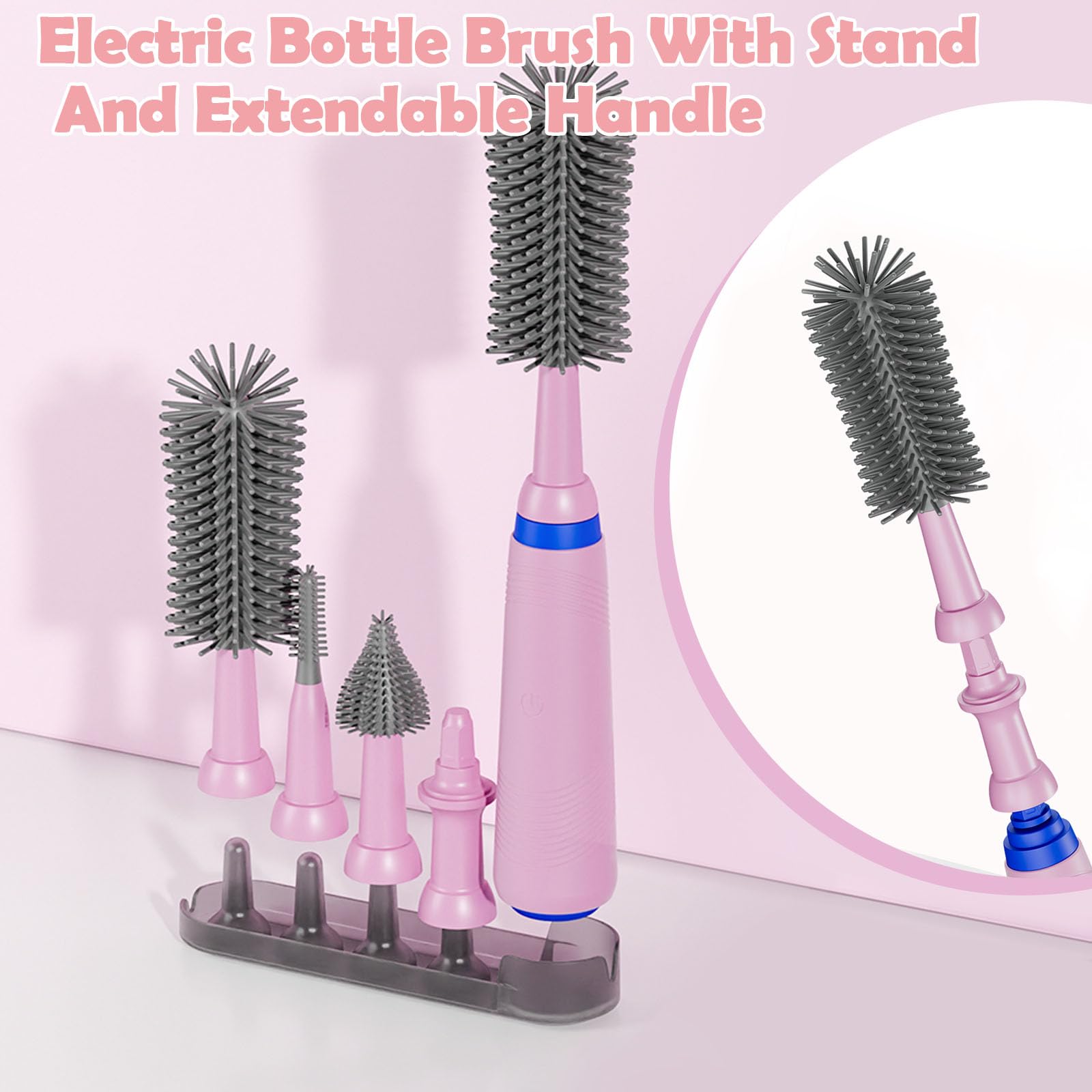 Electric Bottle Brush Set with Extendable Handle - for Water Bottles, Nipples & Straws - Home & Travel Use