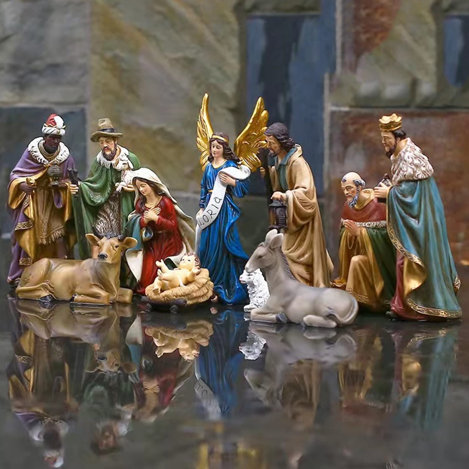 XDJ Resin 11-Piece Christmas Nativity Scene Set - 20cm Large Manger Display with Baby Jesus, Mary & Joseph - Handcrafted Holy Crib Statue for Home Decor, Church & Holiday Gifts (Perfect for Christmas Tree, Mantel & Tabletop Displays)