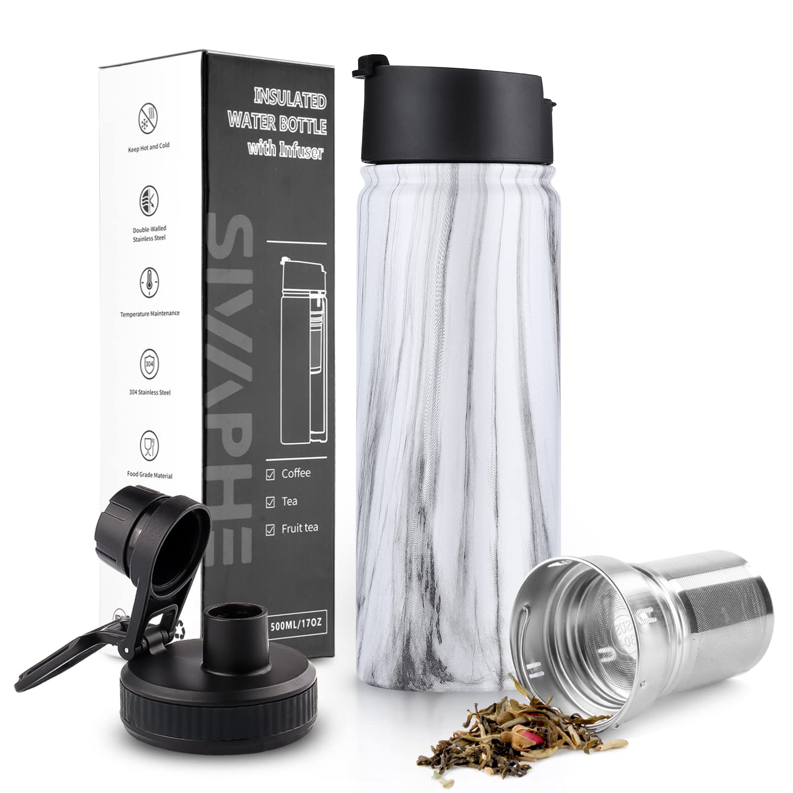 Premium 18/8 Stainless Steel Insulated Tea Infuser Bottle with Removable Loose Leaf Strainer - Leakproof Travel Tumbler for Hot/Cold Tea - Perfect Gift for Tea Lovers (White Marble Design) - Ideal for Office, Gym, Hiking & Daily Commute