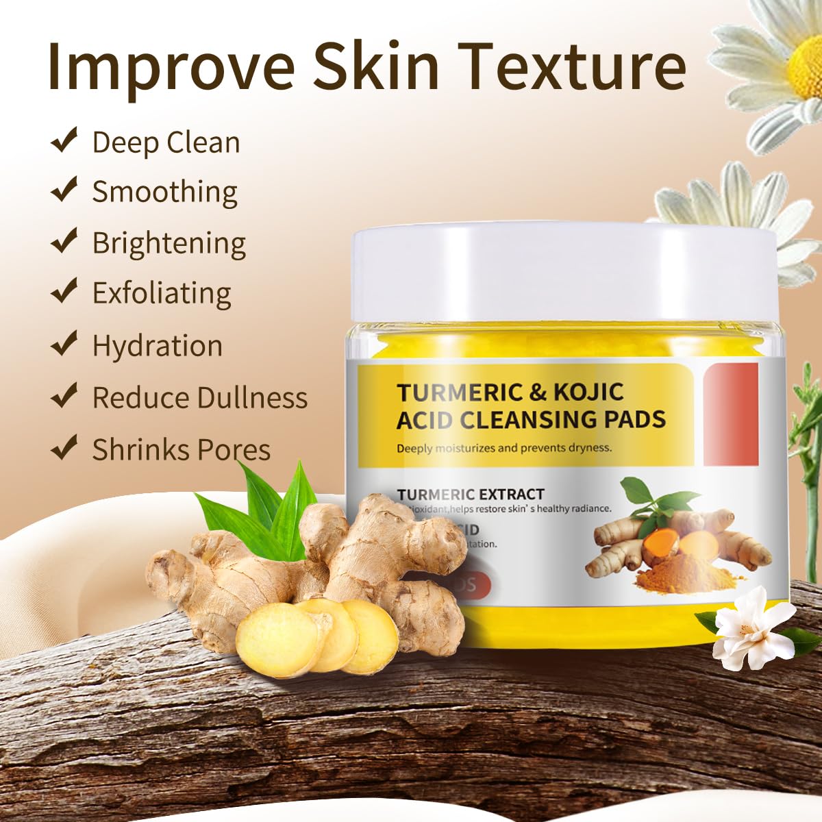 Turmeric & Kojic Acid Cleansing Pads for Dark Spots - Brightening Face Scrub Pads with Natural Ingredients for Acne & Hyperpigmentation | Daily Skincare Routine for Glowing Complexion