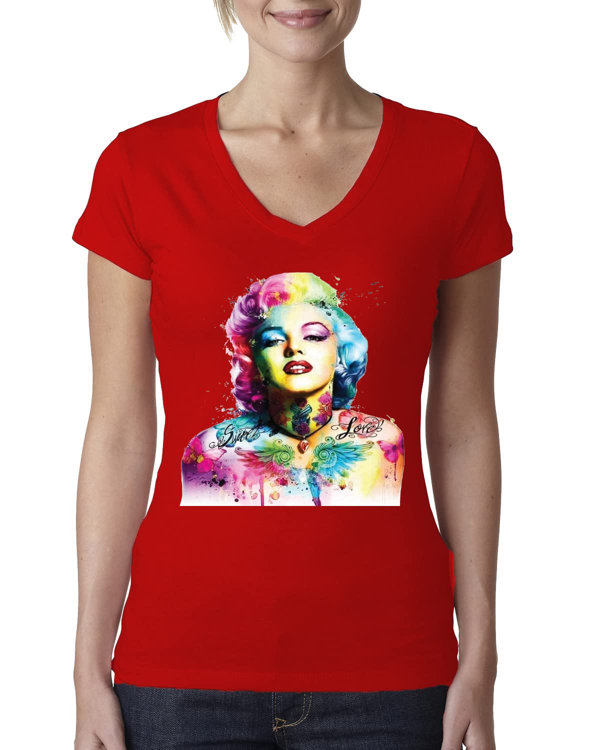 Vintage Marilyn Monroe Pop Art T-Shirt for Women - Colorful Retro Pop Culture Graphic Tee, Junior Fit V-Neck Top | Casual Wear, Music Festivals, 80s Theme Parties