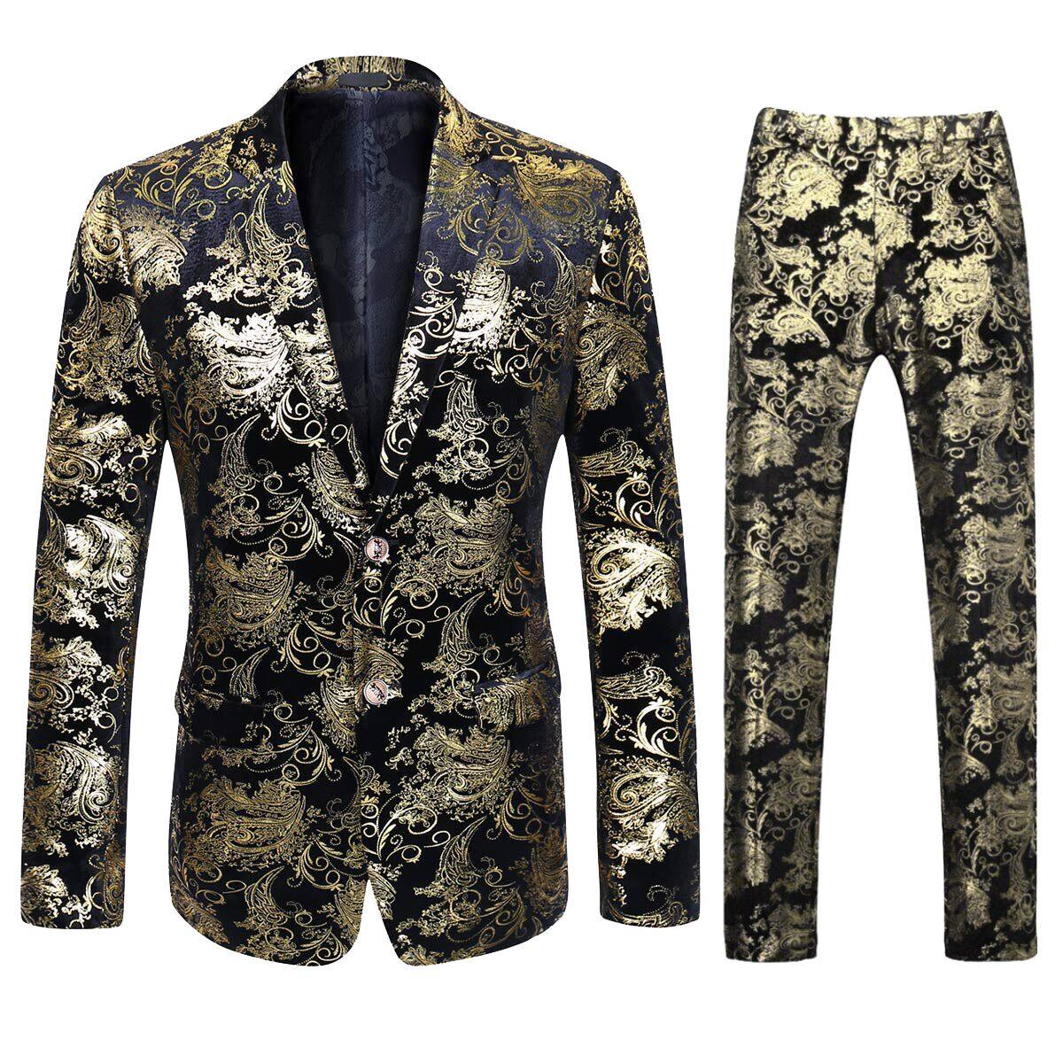2 Piece Slim Fit Floral Print Dress Suit for Women - Elegant Gold Office Wear & Party Outfit