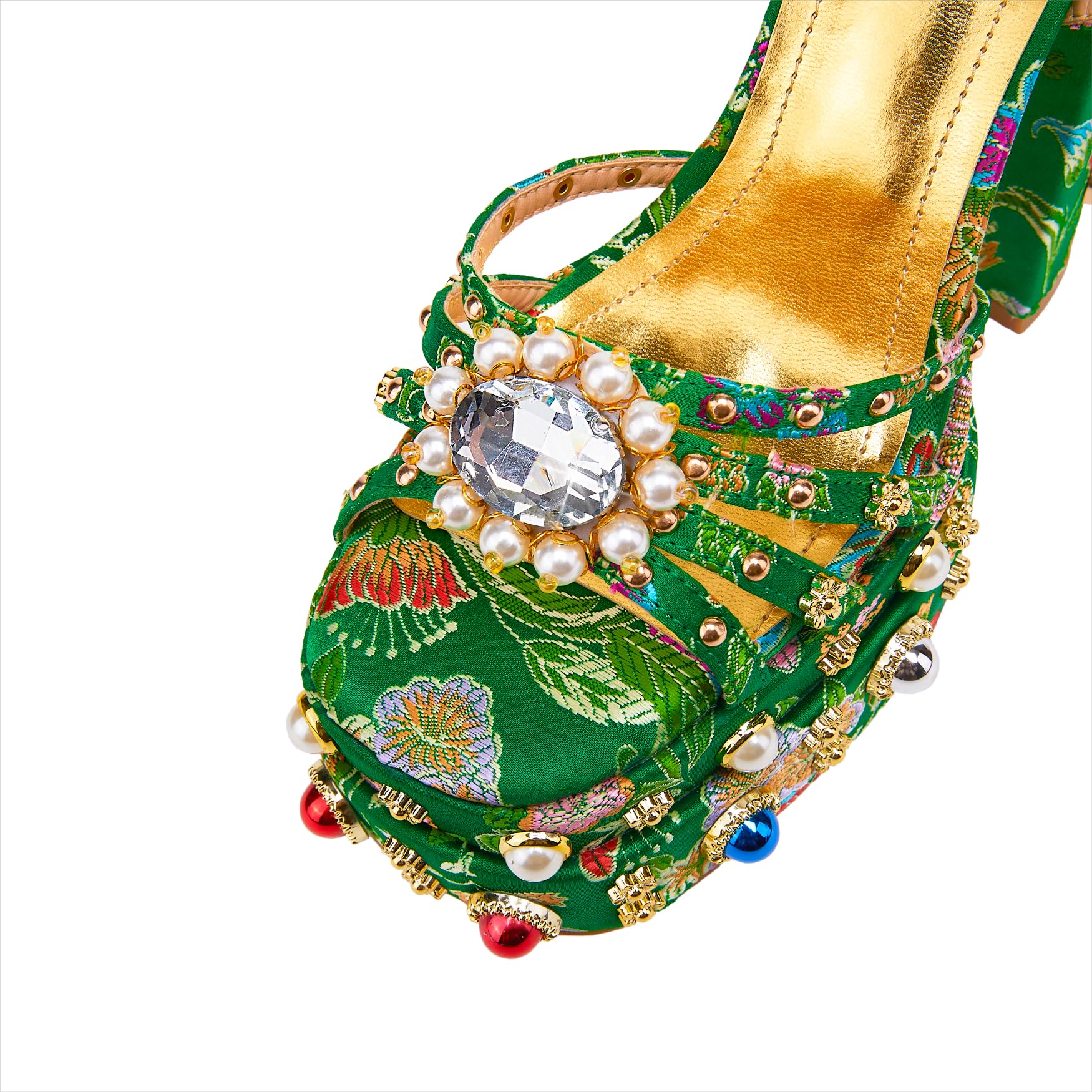 Feinlina Women's Rhinestone High Heel Sandals - Chunky Platform Open Toe Block Heels with Gems Detail, Floral Print Embroidery & Ankle Strap - Green & Pink Dress Shoes for Wedding, Party, Prom, Evening Events and Special Occasions