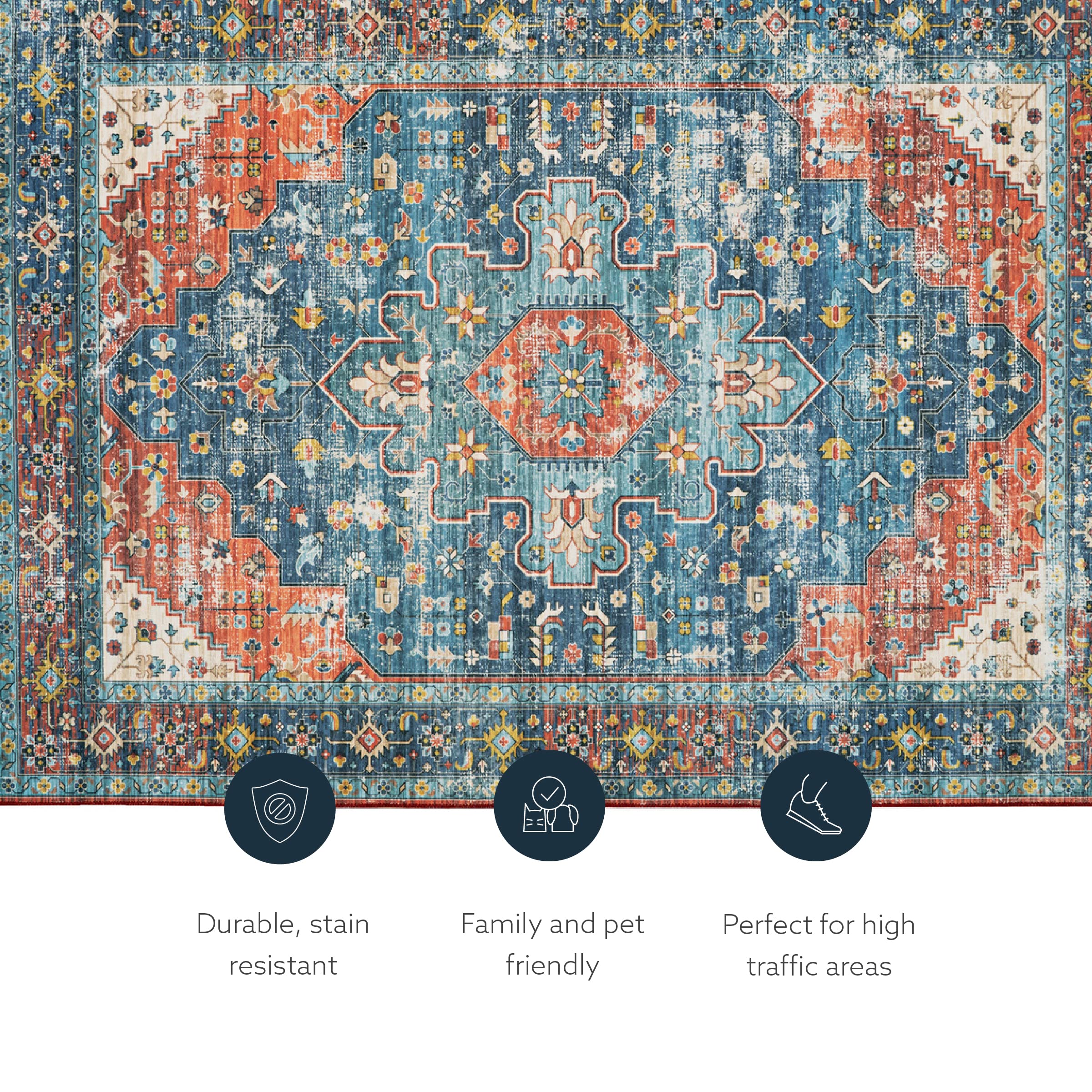 Linon Home Decor Washable Rug 5' x 7' Area Rug - Beasley Teal & Rust Pattern, Non-Slip Soft Indoor/Outdoor Carpet for Living Room, Bedroom, Patio