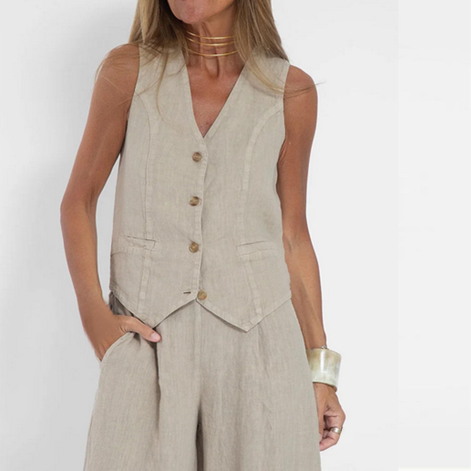 Women's Linen Two-Piece Outfit Set - V-Neck Button Down Vest & Wide Leg Pants for Summer Vacation, Lounge Wear, Beach Outing and Casual Day Out