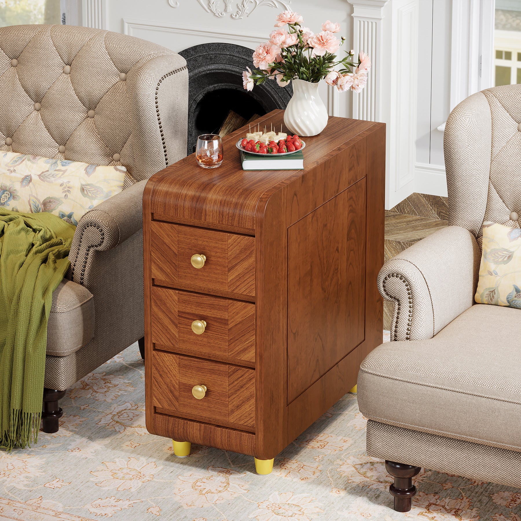 3 Drawer End Table - Small Classic Sofa Side Table & Bedside Nightstand with Storage | Perfect for Living Room, Bedroom & Office Use