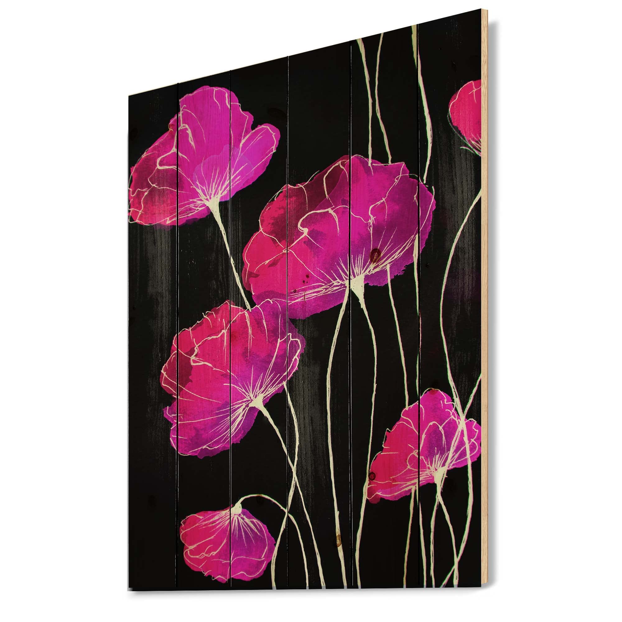 Abstract Red Flower Wood Wall Art - Traditional Black & Pink Floral Decor, Large Pine Wood Wall Panels for Living Room, Bedroom & Office Decor