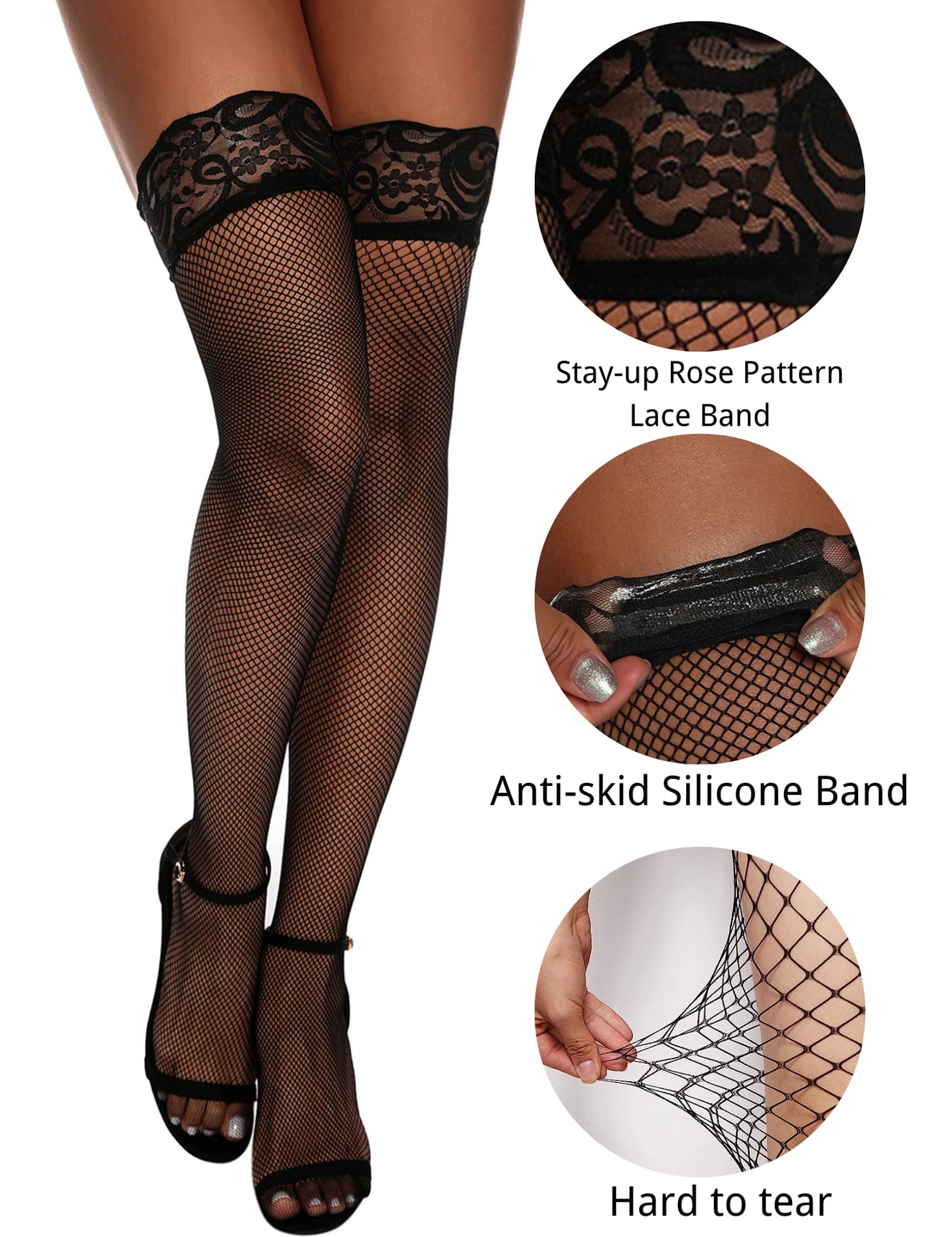 Aranmei Sexy Women's Fishnet Stockings - Lace Top Thigh High Hold Up Stockings with Anti-Slip Silicone Band for Party, Cosplay & Date Night Outfits